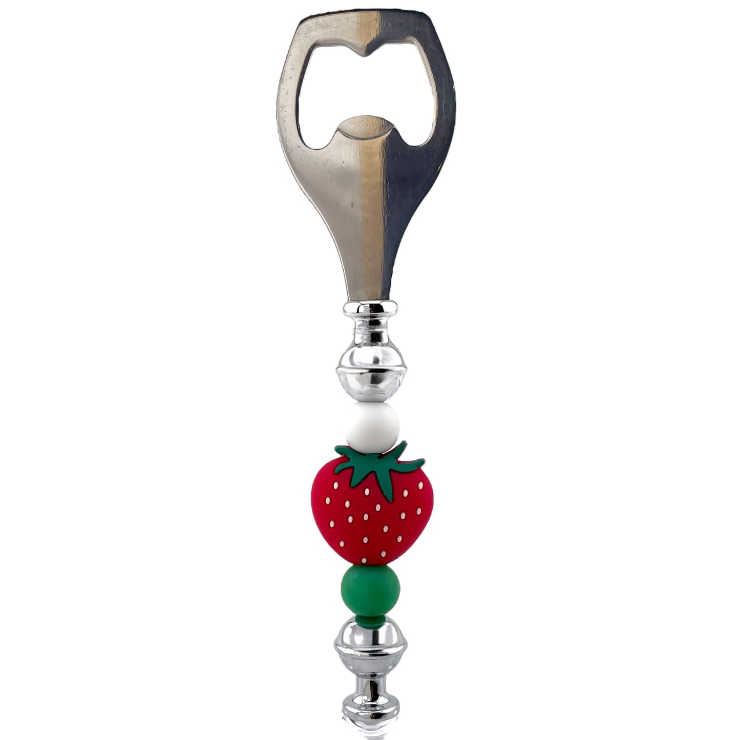 Strawberry Beaded Bottle Opener – Stainless Steel with Red, Green & White Beads | Fun Summer Gift or Kitchen Accessory