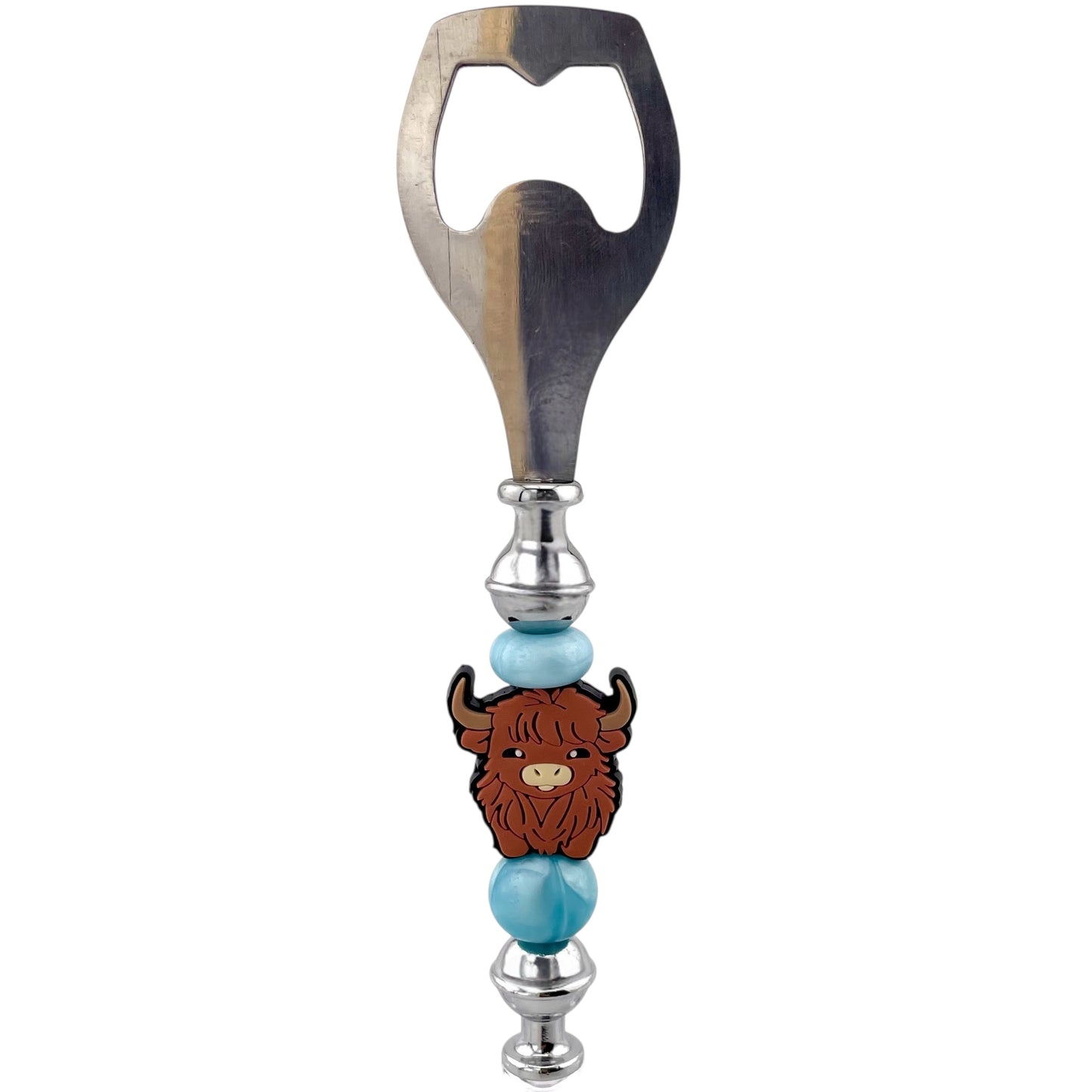 Highland Cow Beaded Bottle Opener – Stainless Steel with Light Blue Beads | Rustic Farmhouse Gift for Animal Lovers