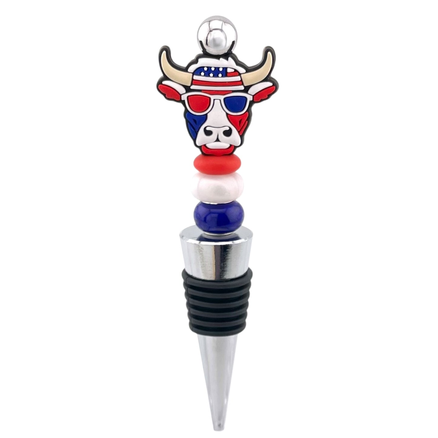 Patriotic Bull Beaded Wine Stopper – USA Flag Western Bar Gift
