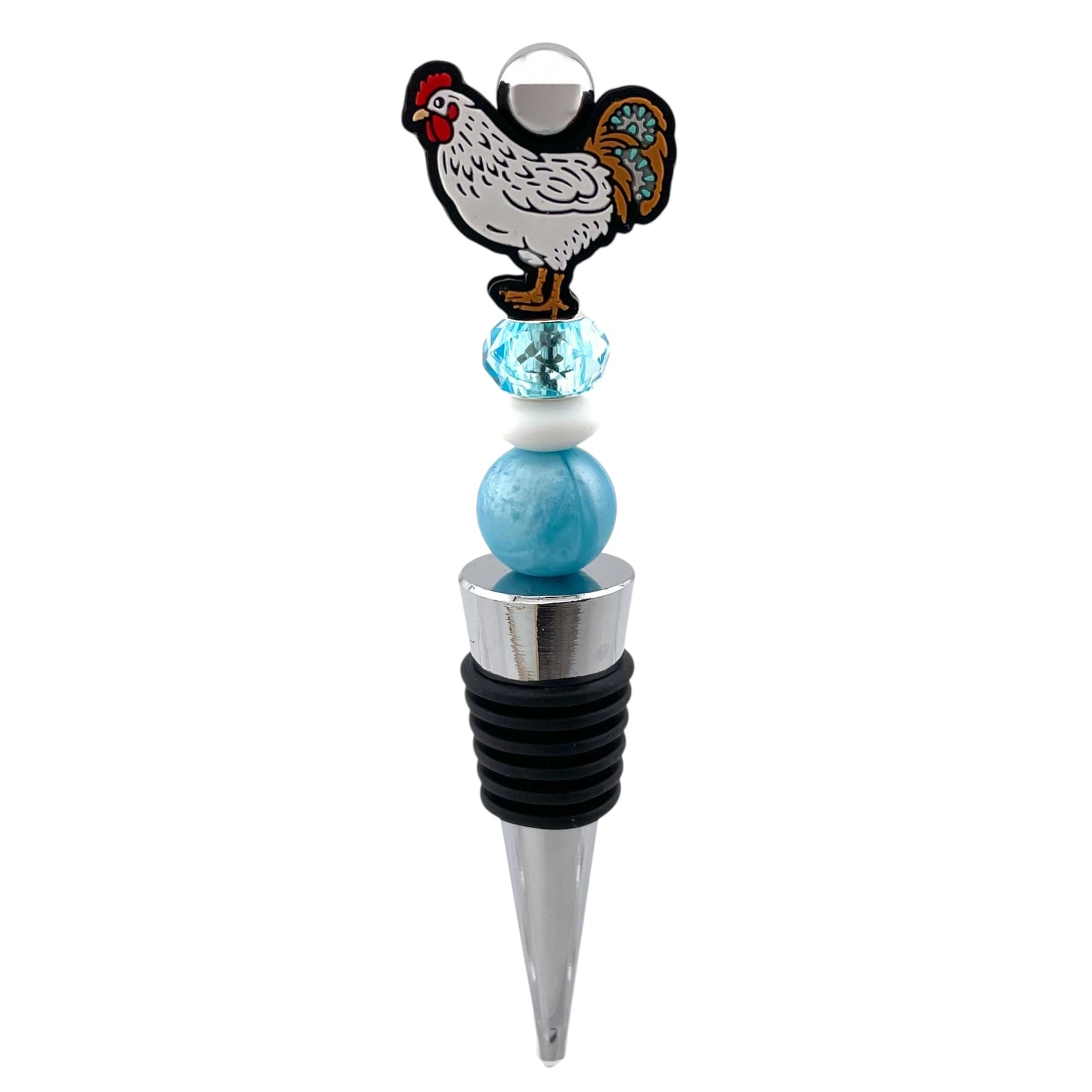 Farm Chicken Beaded Wine Stopper – Light Blue Rustic Country Bottle Topper Gift