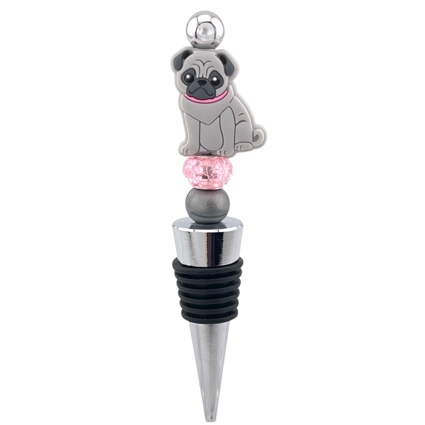 Grey Pug with Pink Collar Beaded Wine Stopper – Cute Dog Lover Gift