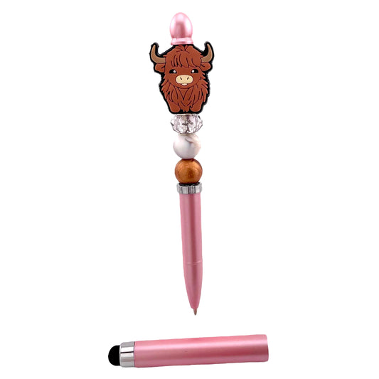 Highland Cow Stylus Pen – 2-in-1 Writing Tool with Vibrant Beaded Design