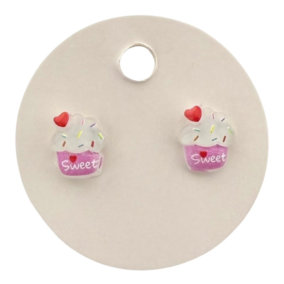 Cupcake Stud Earrings – Sweet Dessert Earrings with Sprinkles, Kawaii Acrylic Jewelry