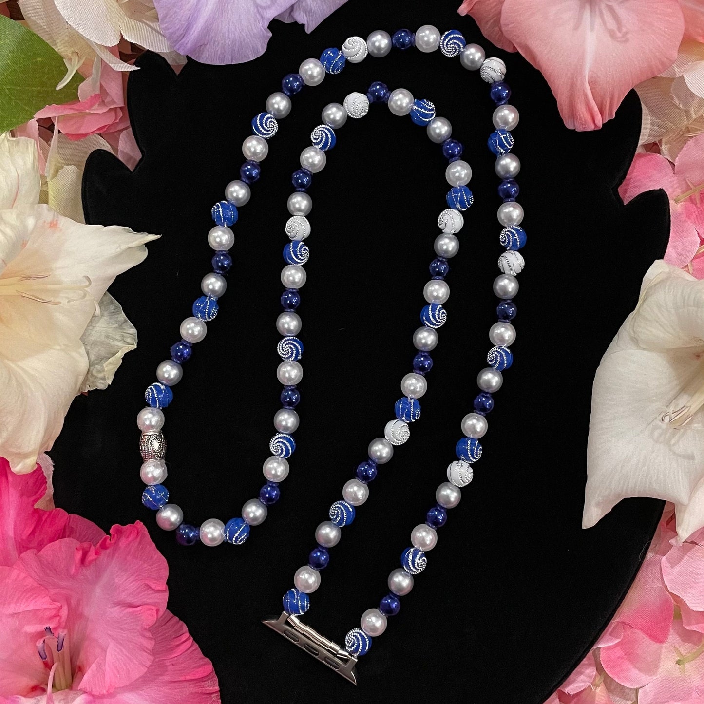 Dark Blue Watch Necklace Pendant Compatible With Apple Watch Made With Imitation Pearls, Acrylic, and Rhinestone Beads