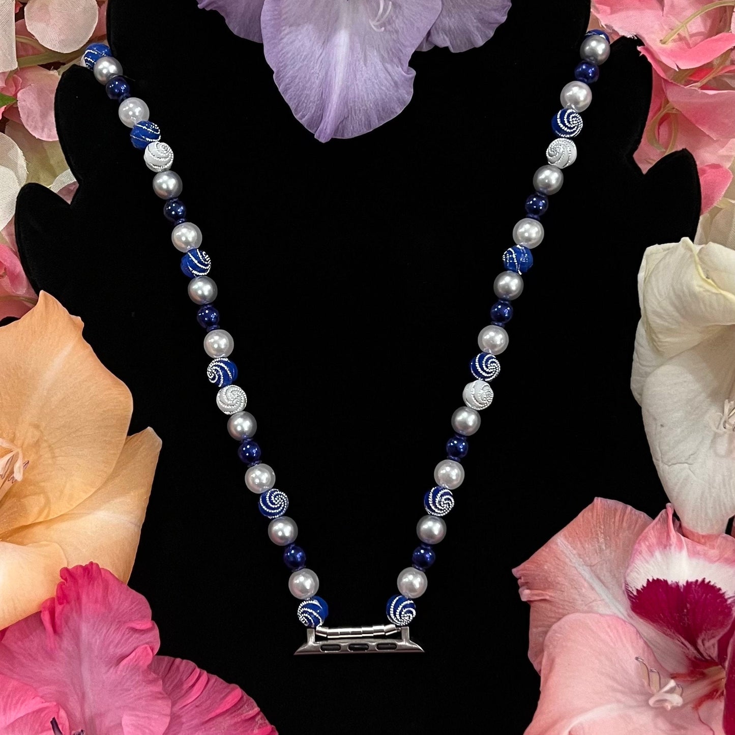Dark Blue Watch Necklace Pendant Compatible With Apple Watch Made With Imitation Pearls, Acrylic, and Rhinestone Beads