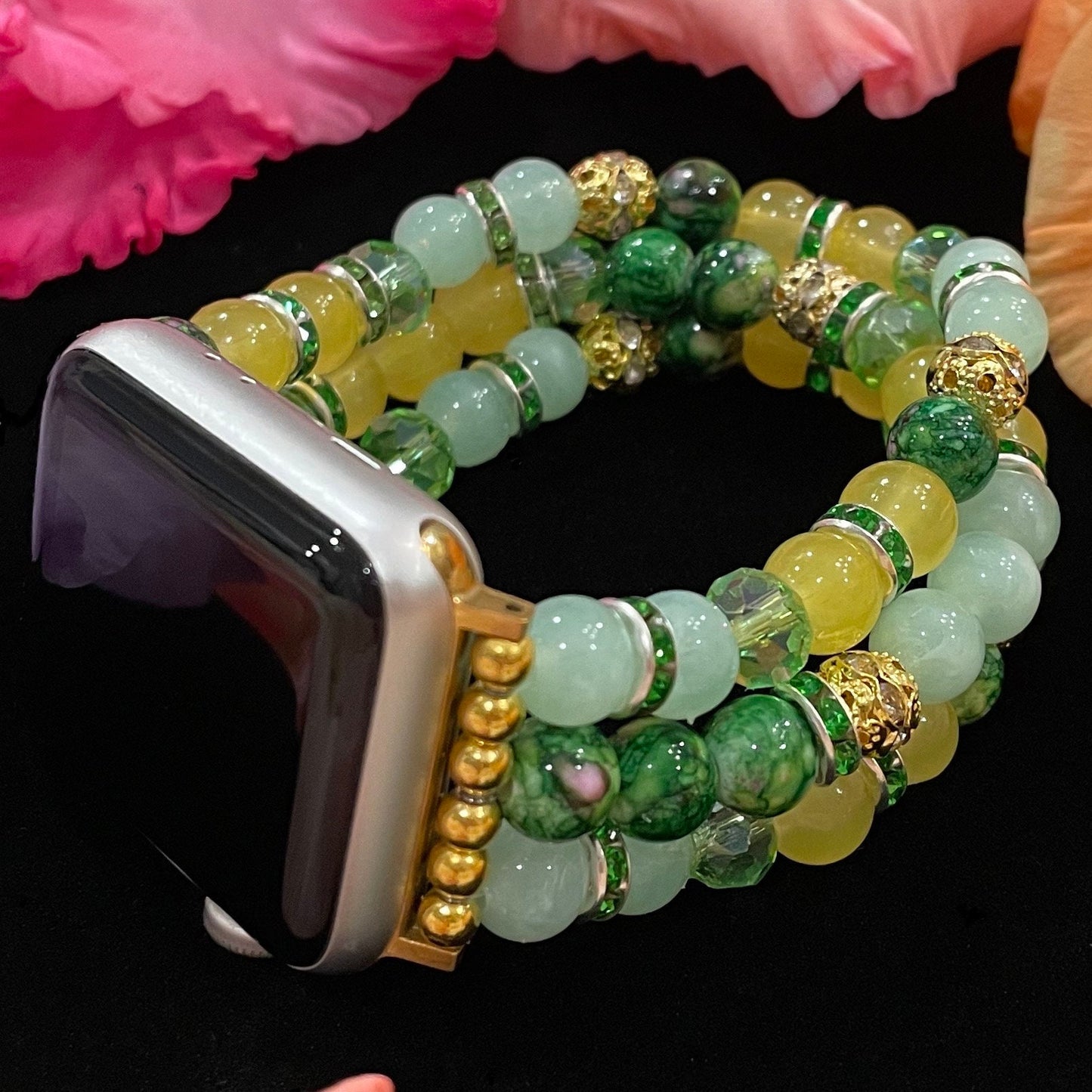Green Watch Band Compatible with Apple Watch Made With Acrylic and Rhinestone Beads