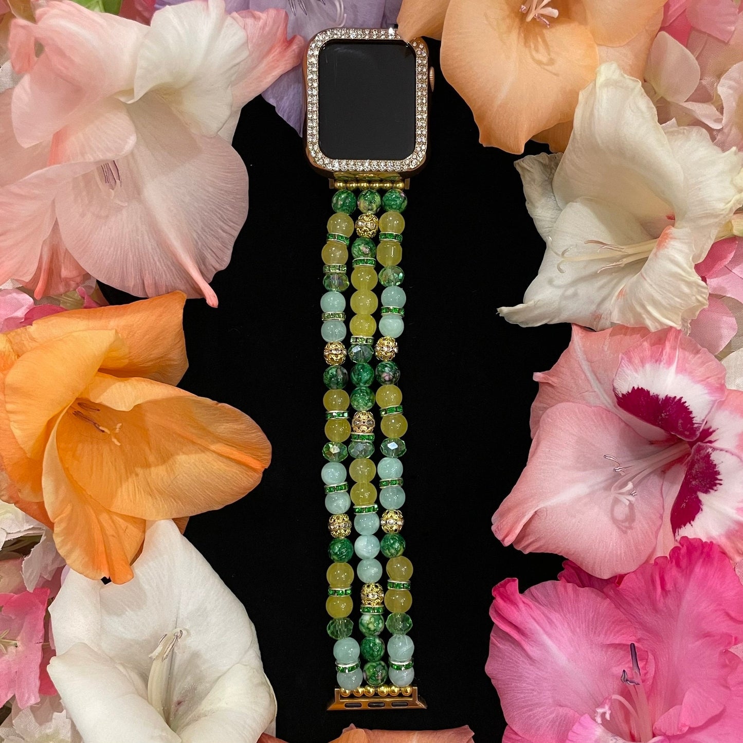 Green Watch Band Compatible with Apple Watch Made With Acrylic and Rhinestone Beads