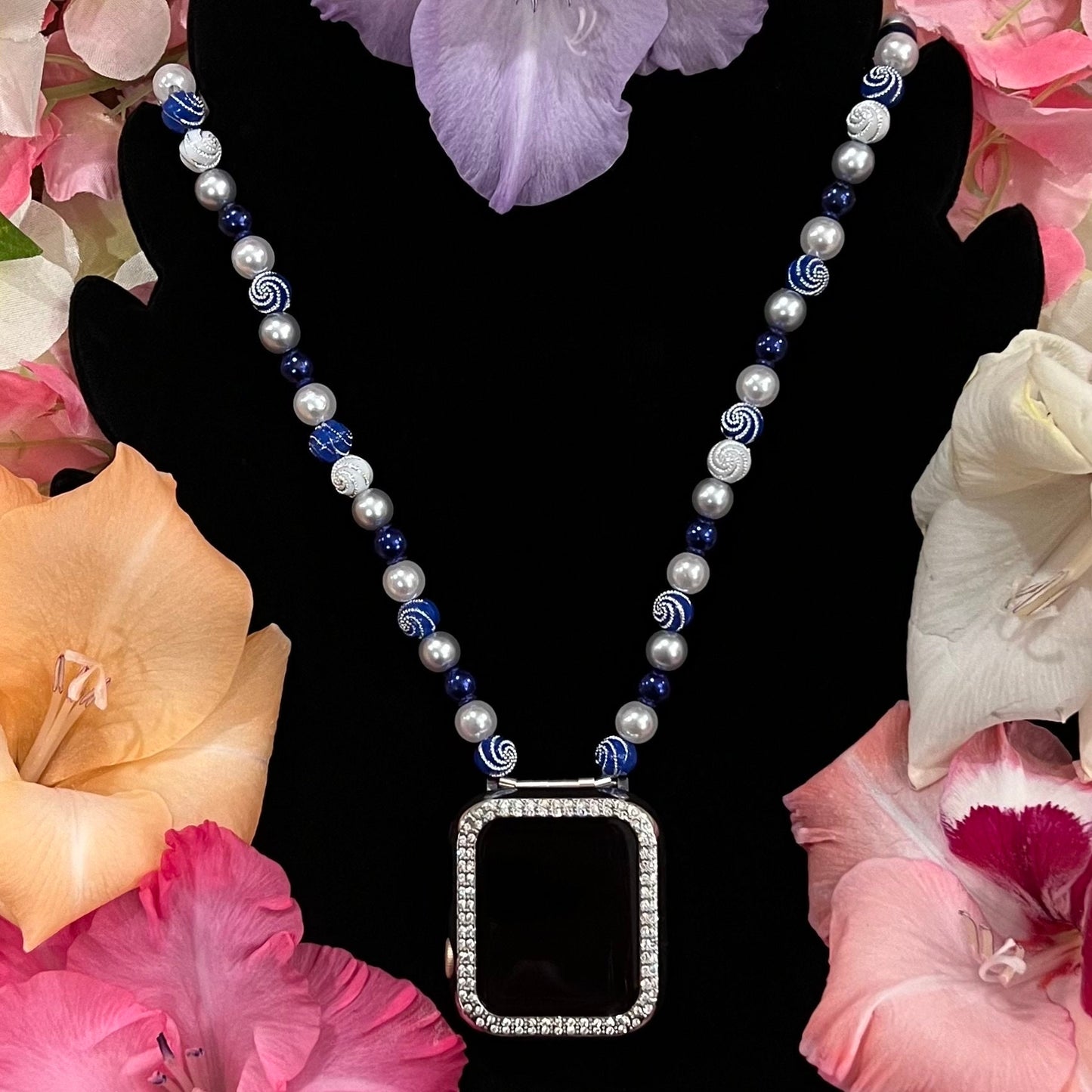 Dark Blue Watch Necklace Pendant Compatible With Apple Watch Made With Imitation Pearls, Acrylic, and Rhinestone Beads