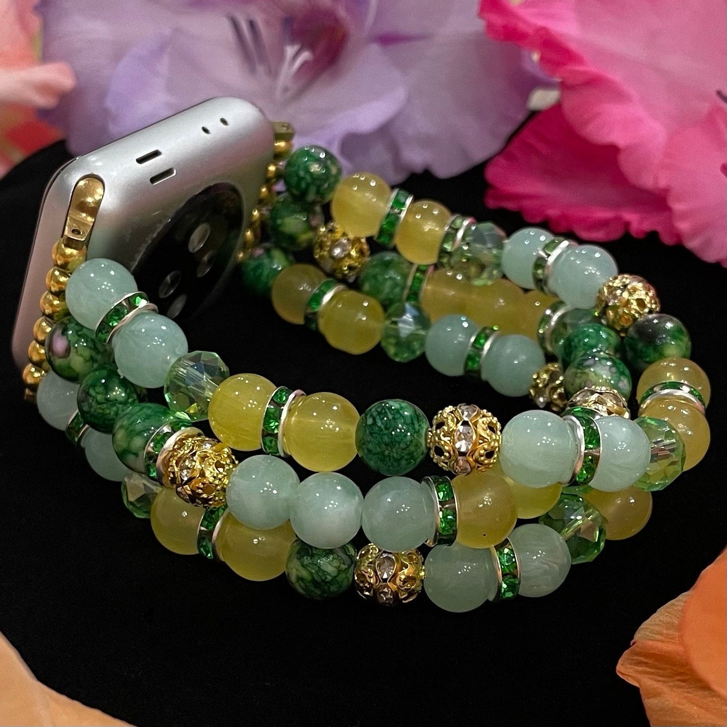 Green Watch Band Compatible with Apple Watch Made With Acrylic and Rhinestone Beads