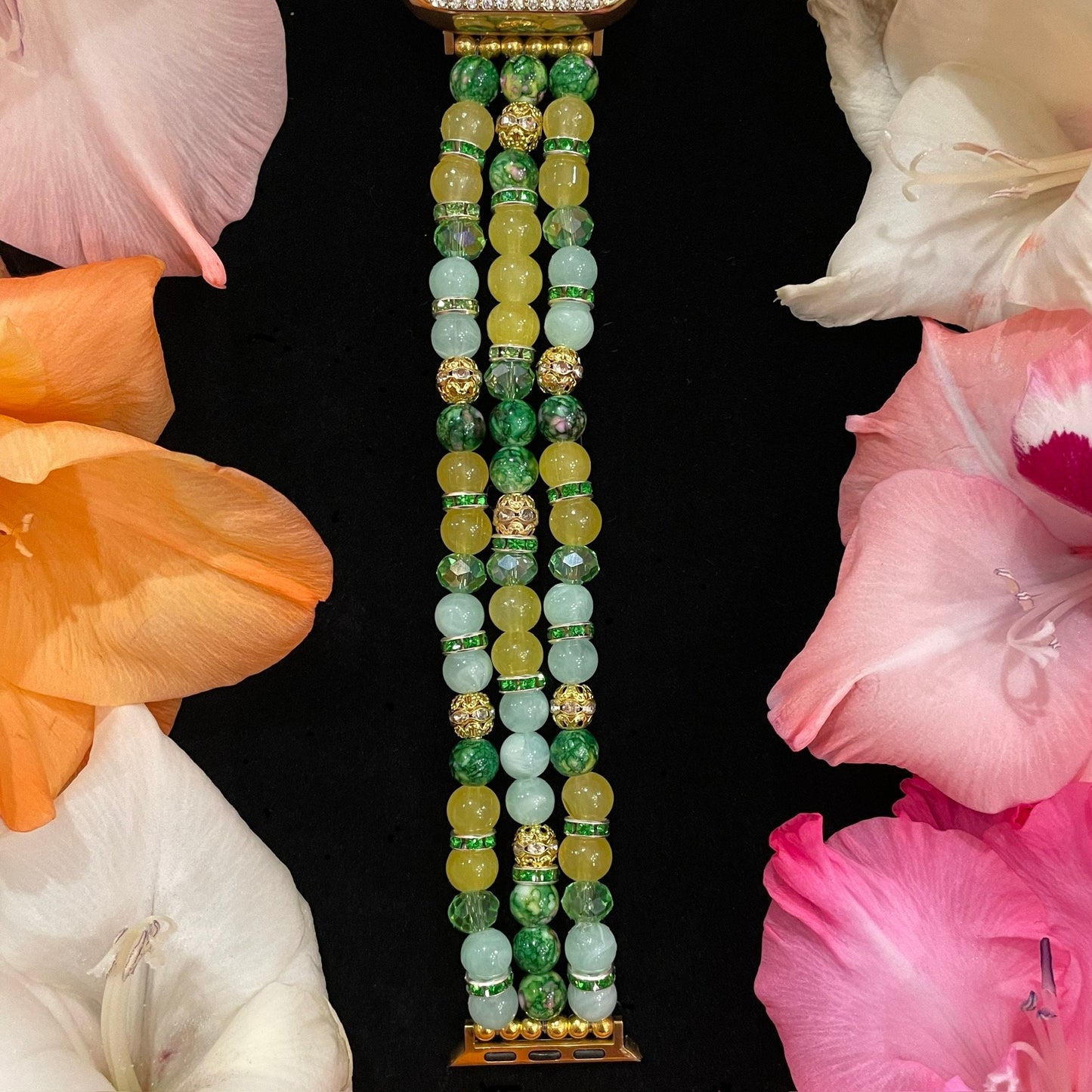 Green Watch Band Compatible with Apple Watch Made With Acrylic and Rhinestone Beads