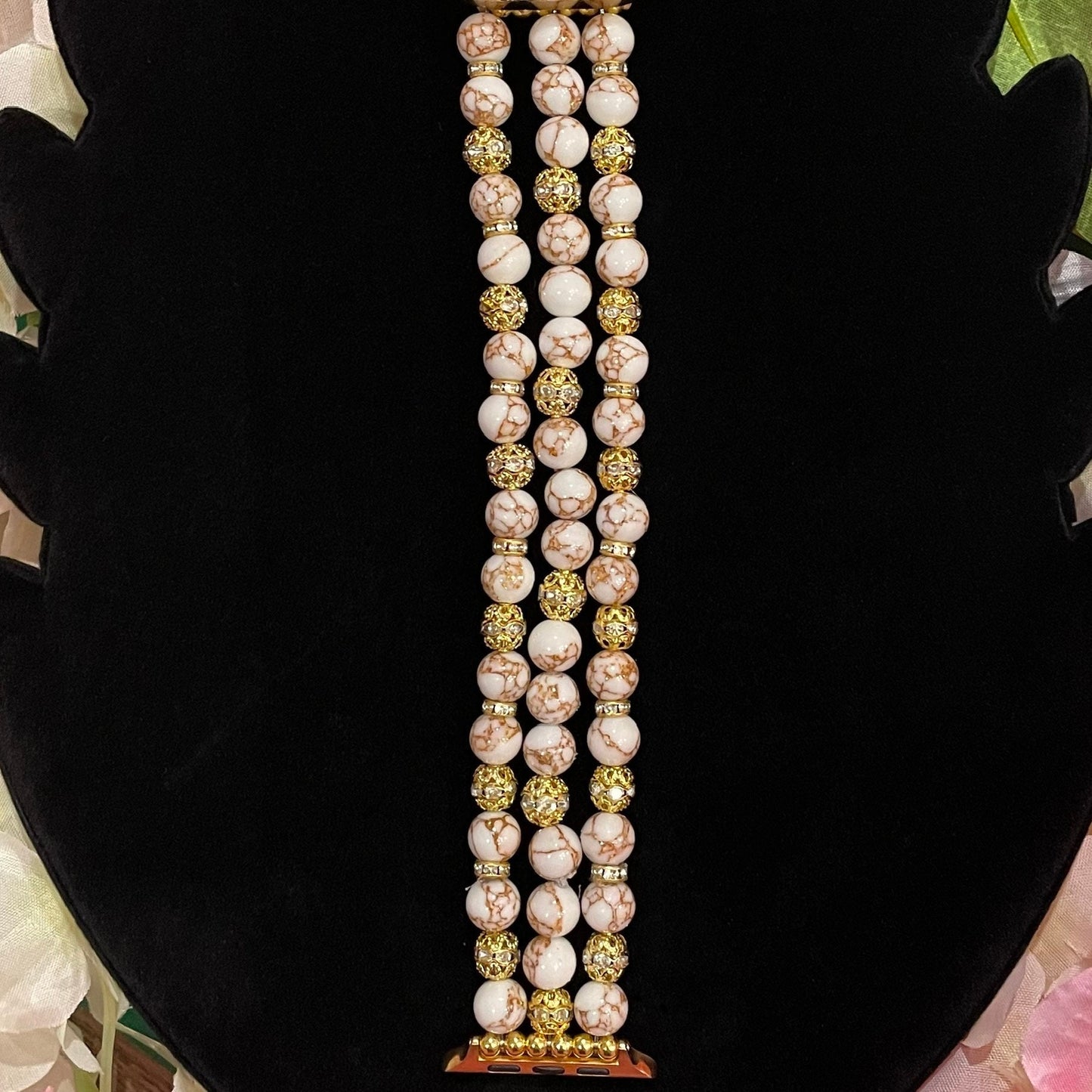 Gold Vein Howlite Watch Band Compatible with Apple Watch Made with Rhinestone Beads