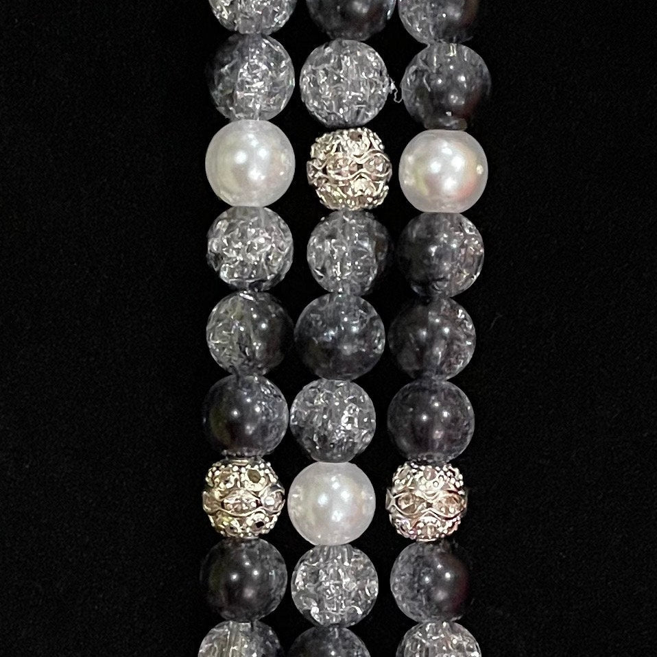Black Watch Band Compatible with Apple Watch Made with Crackle Acrylic, Imitation Pearl, and Rhinestone Beads