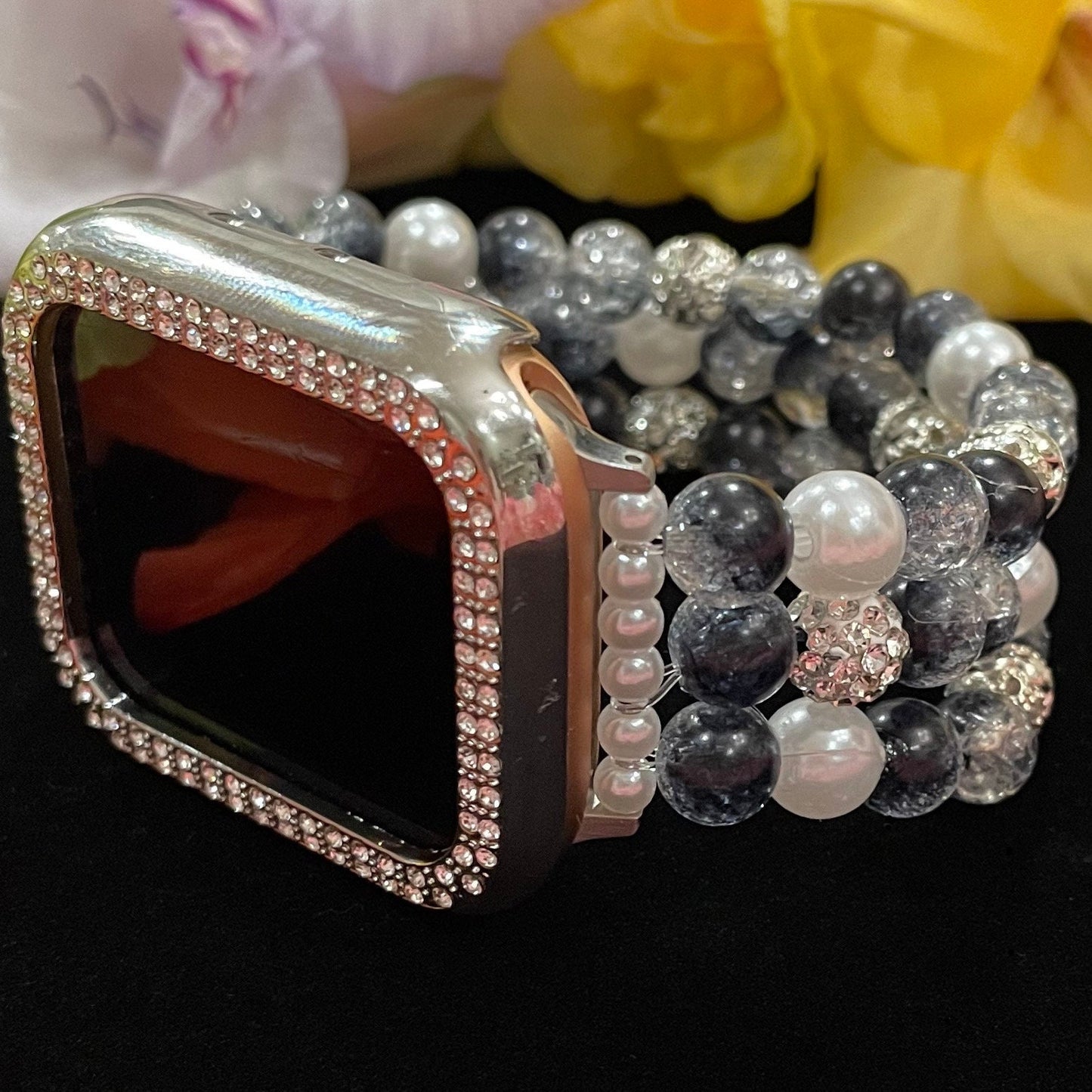 Black Watch Band Compatible with Apple Watch Made with Crackle Acrylic, Imitation Pearl, and Rhinestone Beads