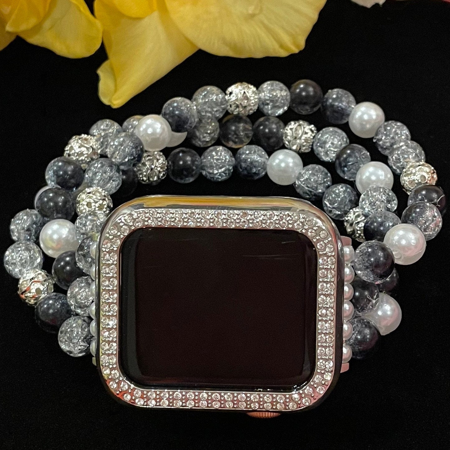 Black Watch Band Compatible with Apple Watch Made with Crackle Acrylic, Imitation Pearl, and Rhinestone Beads