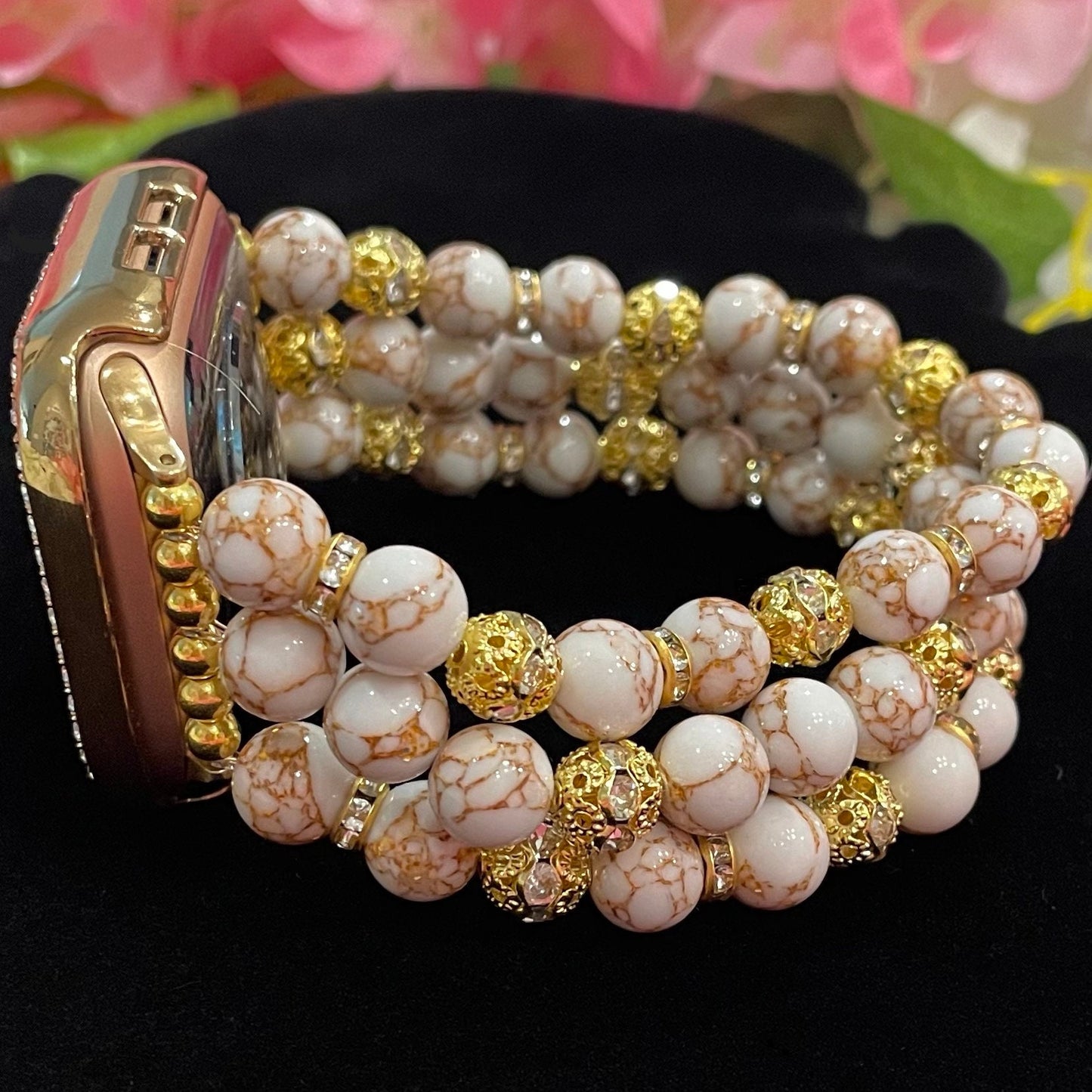 Gold Vein Howlite Watch Band Compatible with Apple Watch Made with Rhinestone Beads