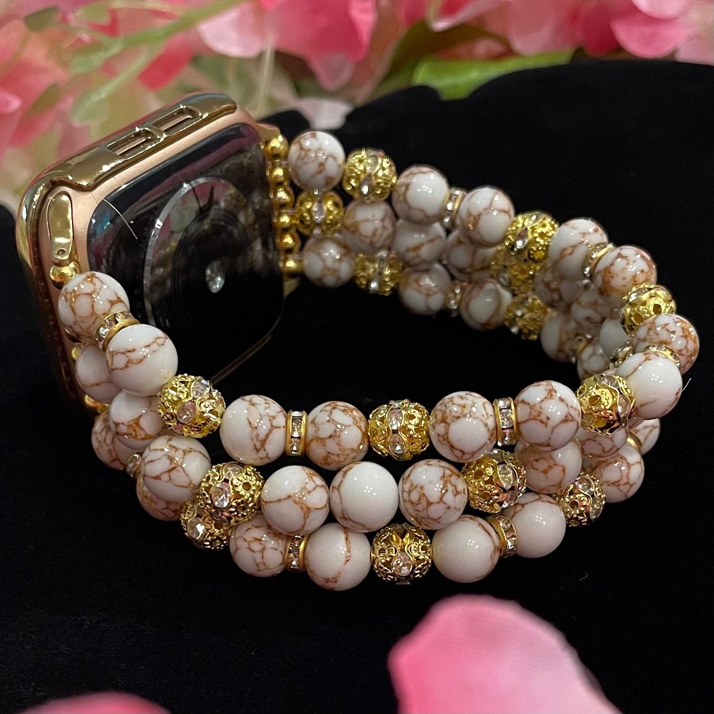 Gold Vein Howlite Watch Band Compatible with Apple Watch Made with Rhinestone Beads