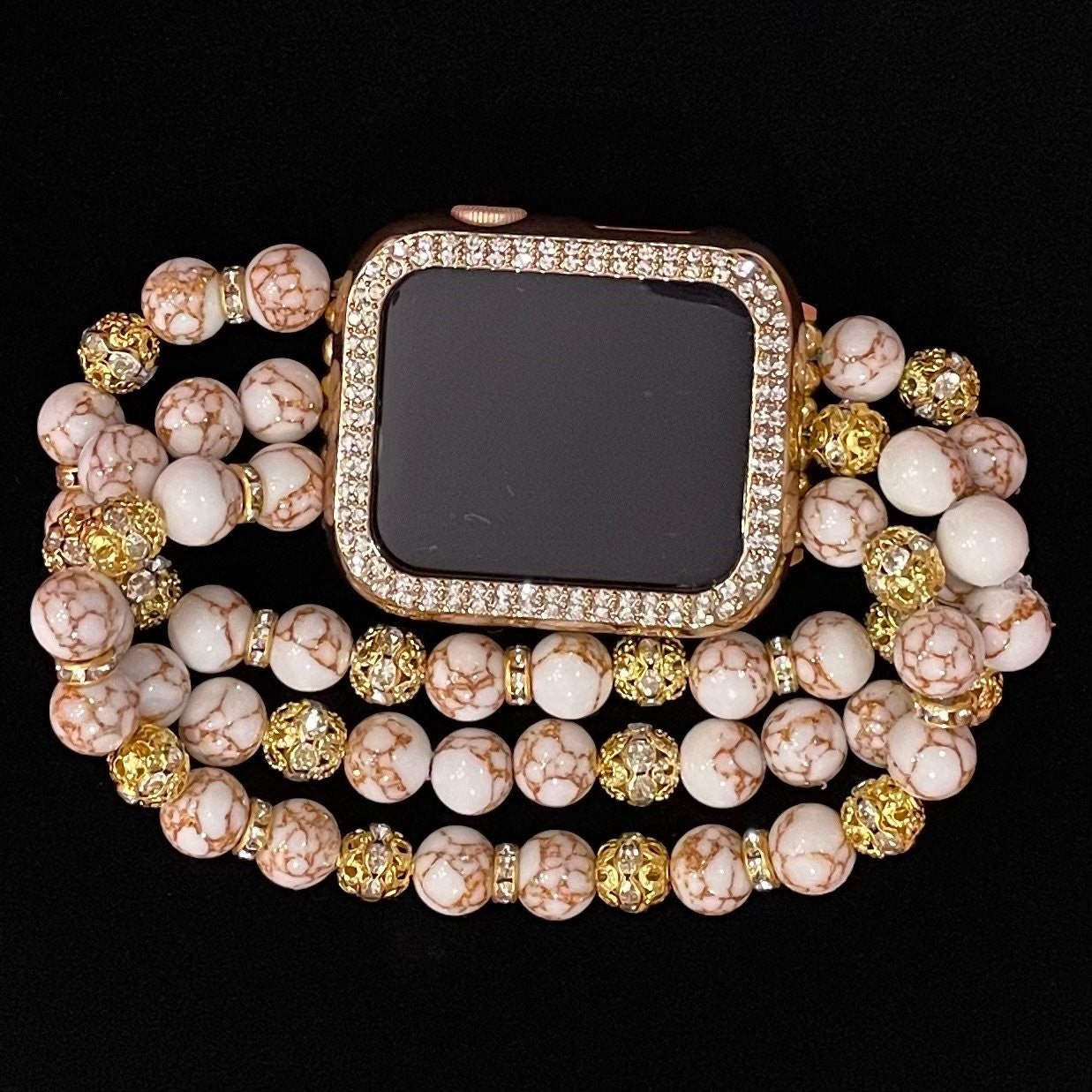Gold Vein Howlite Watch Band Compatible with Apple Watch Made with Rhinestone Beads