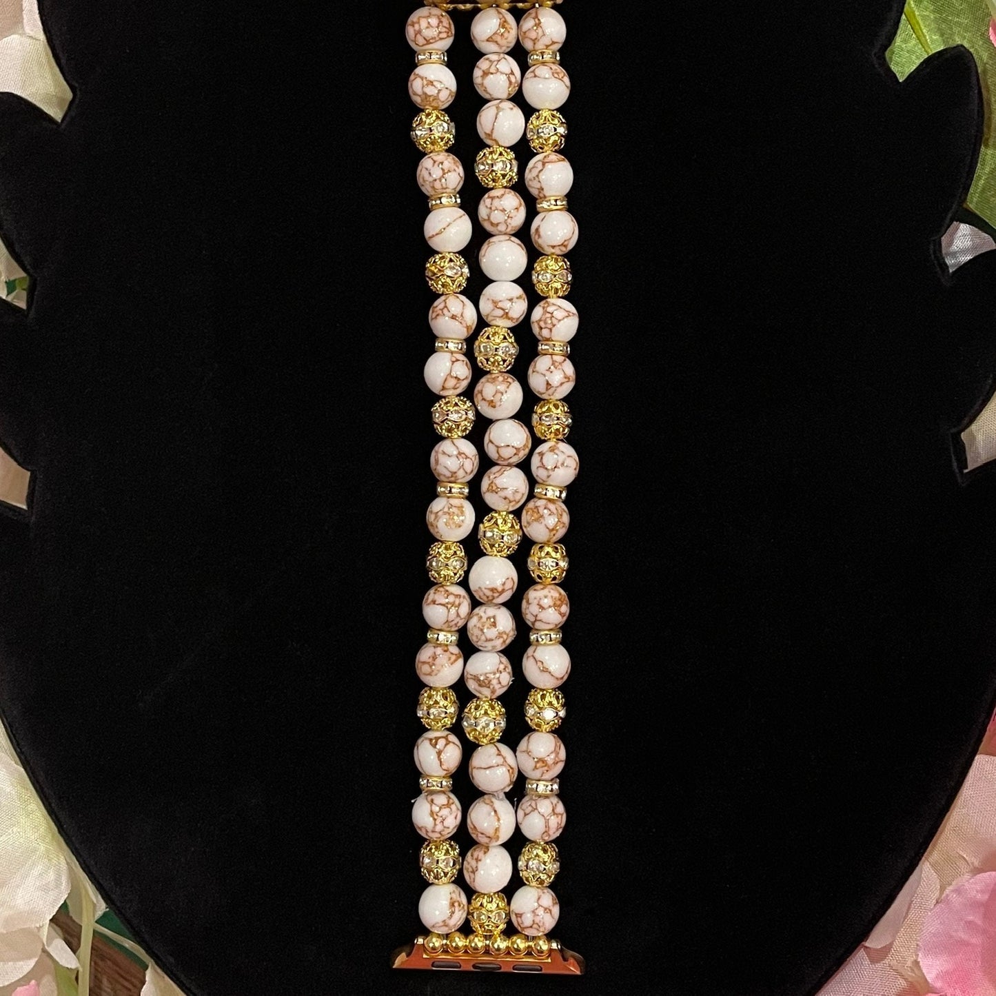 Gold Vein Howlite Watch Band Compatible with Apple Watch Made with Rhinestone Beads