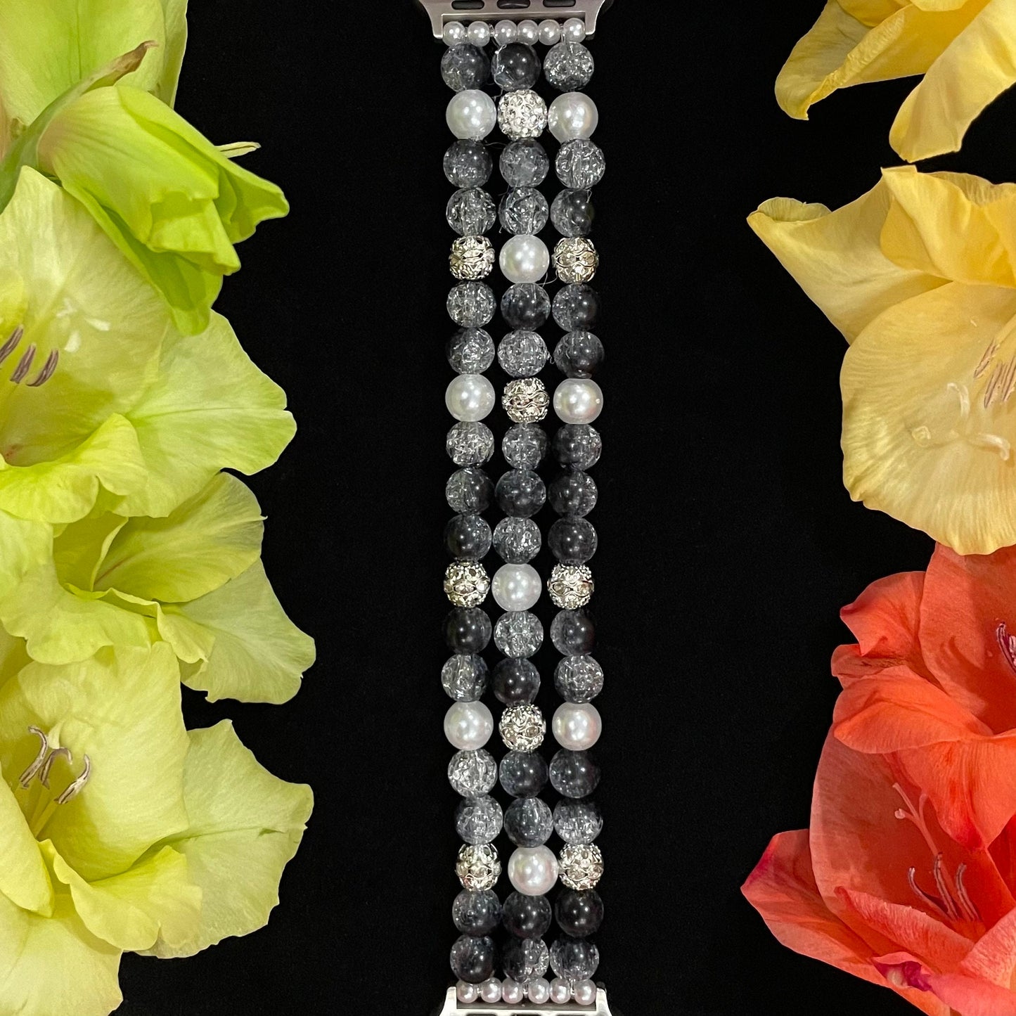 Black Watch Band Compatible with Apple Watch Made with Crackle Acrylic, Imitation Pearl, and Rhinestone Beads