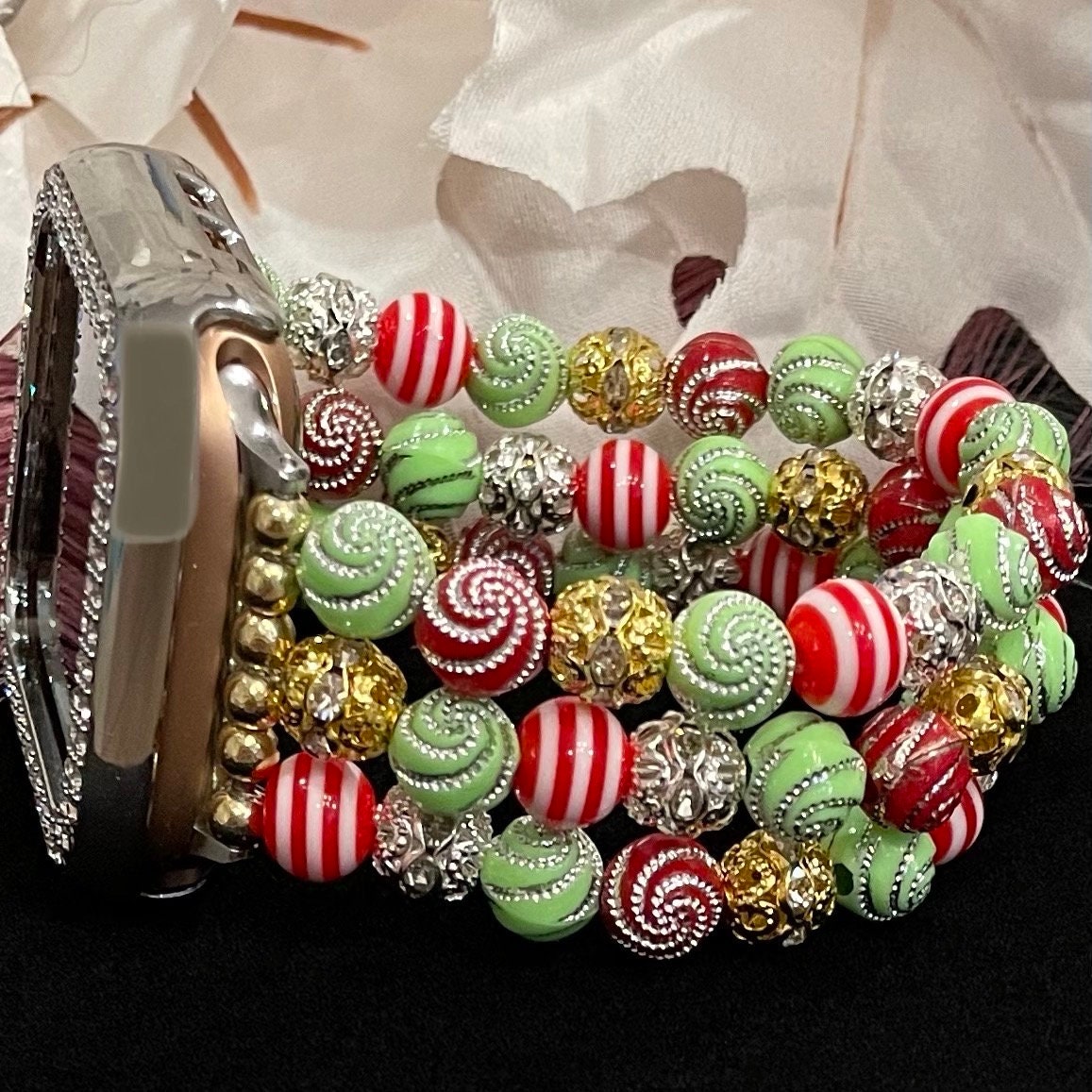 Christmas Watch Band Compatible with Apple Watch Made With Acrylic and Rhinestone Beads