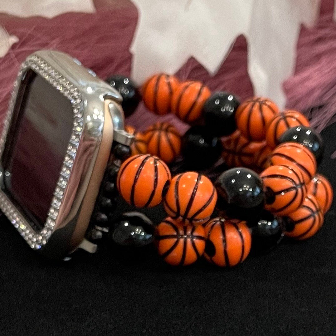Custom Basketball Watch Band for Apple & Samsung Watches – Sports-Themed Beaded Bracelet