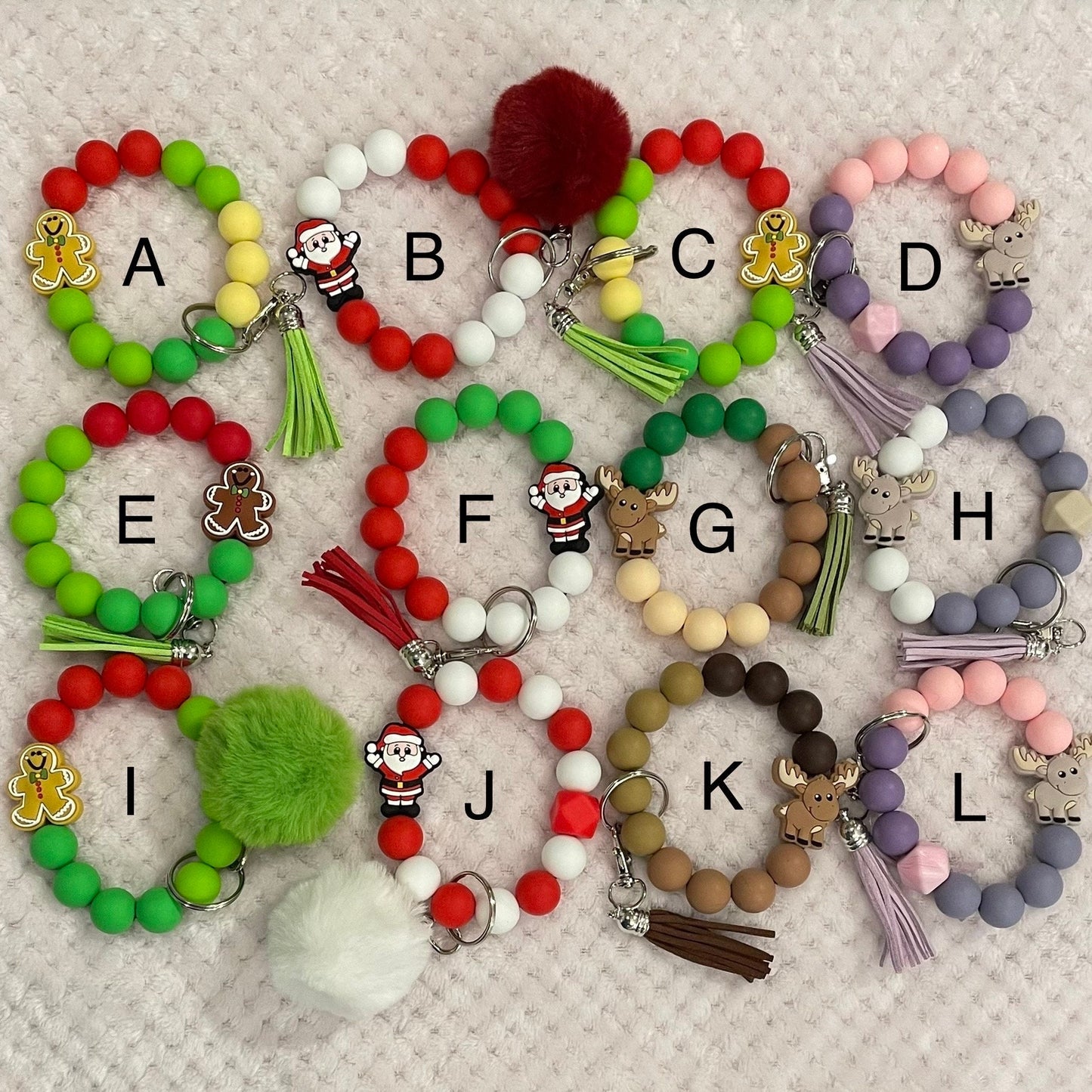 Festive Christmas Holiday Silicone Wristlet Keychain with Tassel or Pom, Winter Wristlet