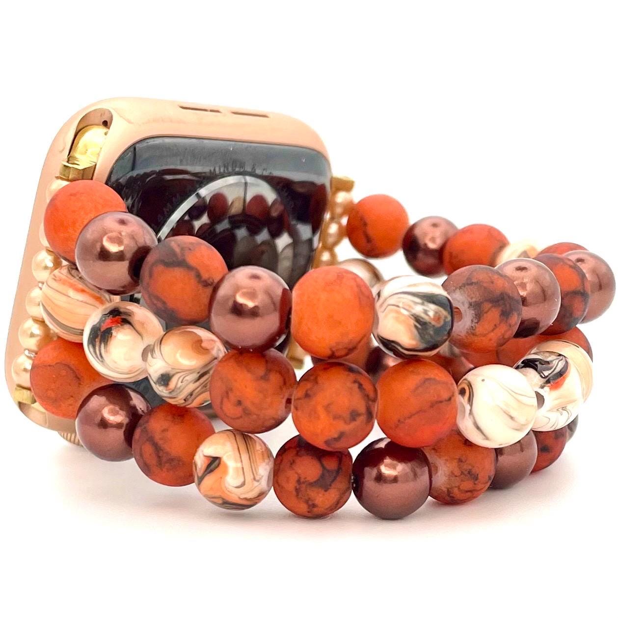 Fall Orange/Brown Watch Band Compatible with Apple Watch Made With Glass, Acrylic, and Imitation Pearl Beads