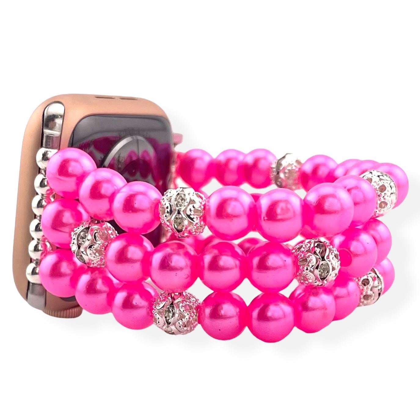 Pink Watch Band Compatible with Apple Watch Made with Imitation Pearl and Rhinestone Beads