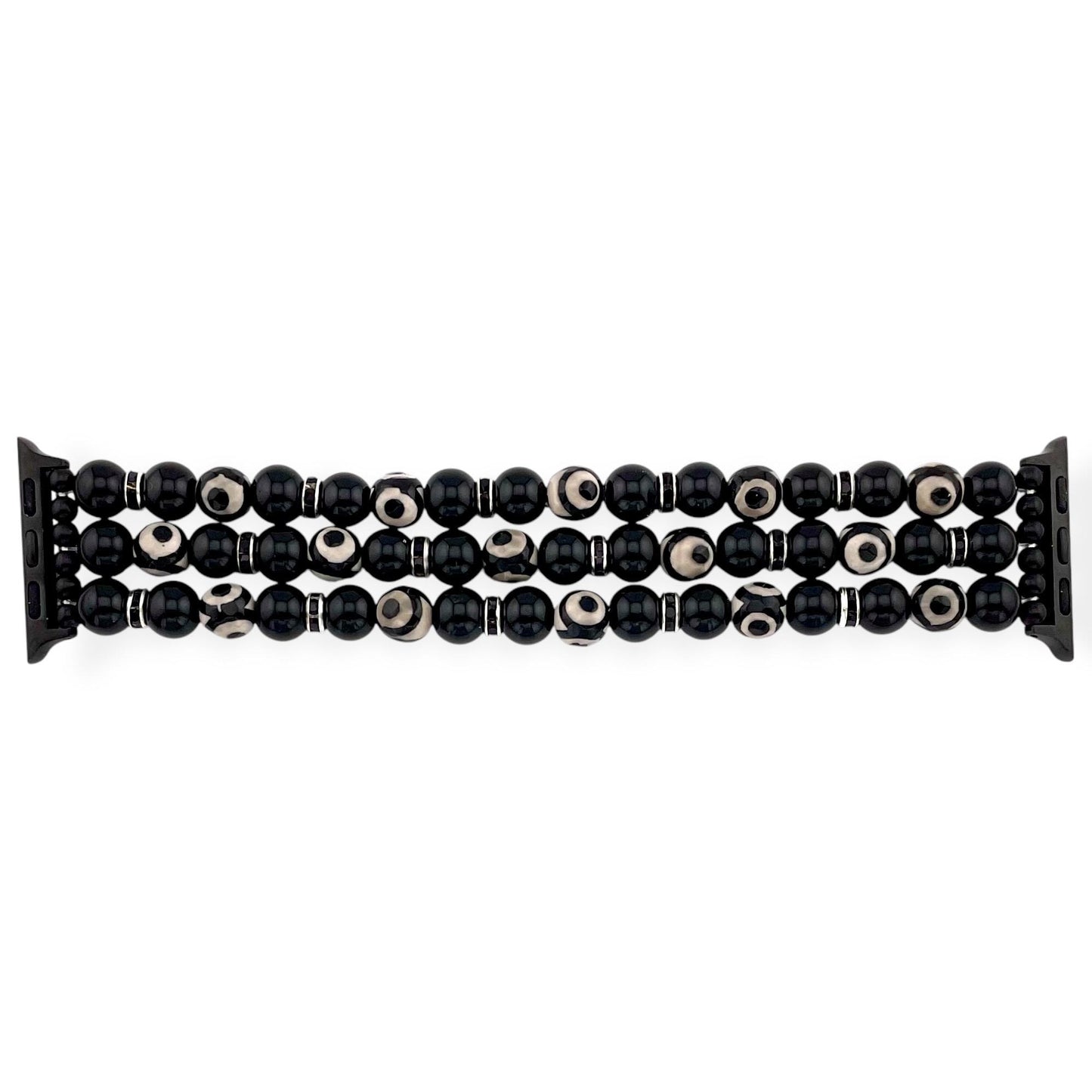 Black Onyx and Three-Eye Dzi Agate Beaded Stretch Watch Band – Apple & Samsung Compatible