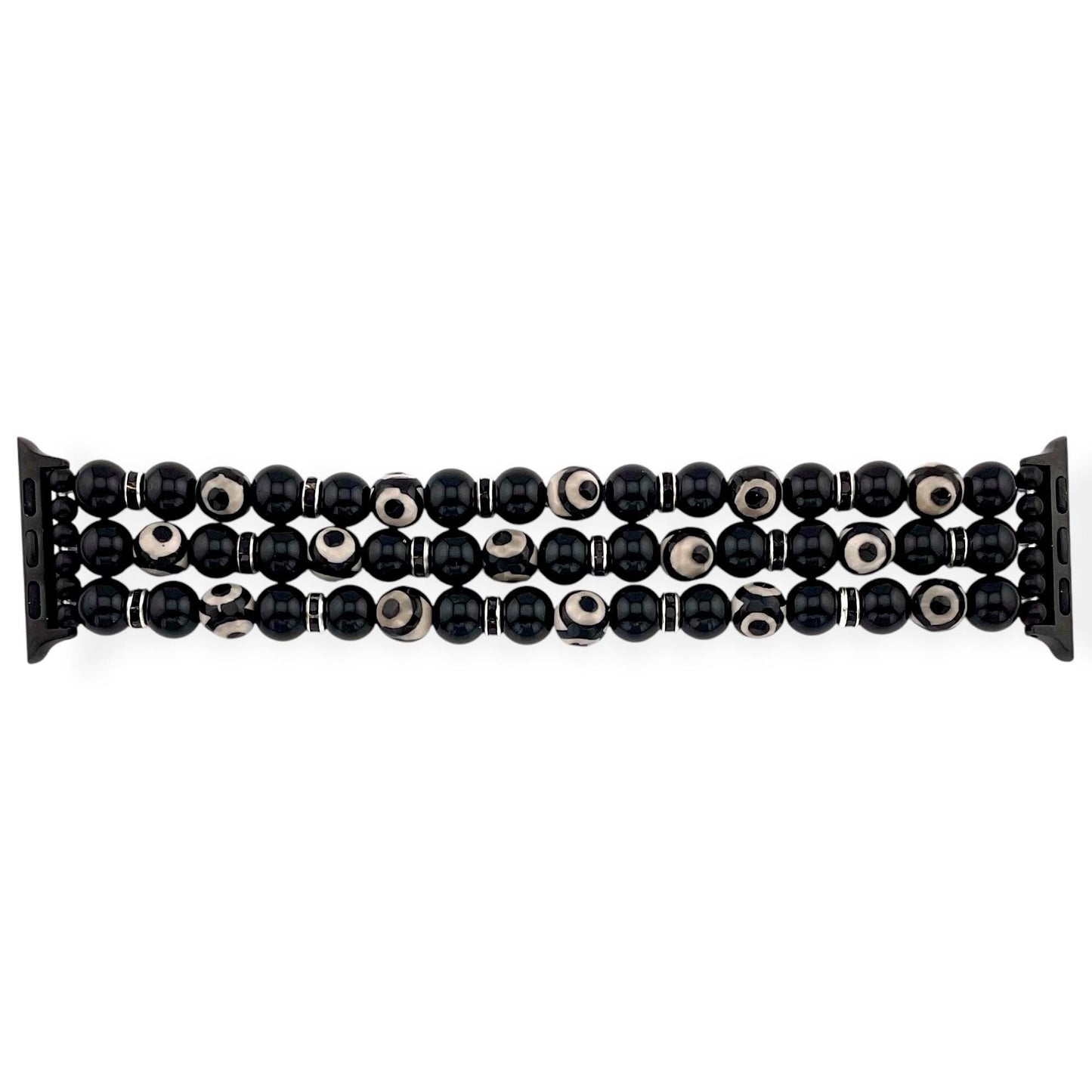Black Onyx and Three-Eye Dzi Agate Beaded Stretch Watch Band – Apple & Samsung Compatible