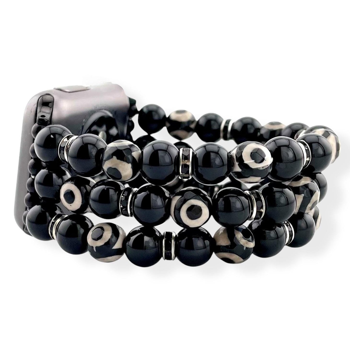 Black Onyx and Three-Eye Dzi Agate Beaded Stretch Watch Band – Apple & Samsung Compatible