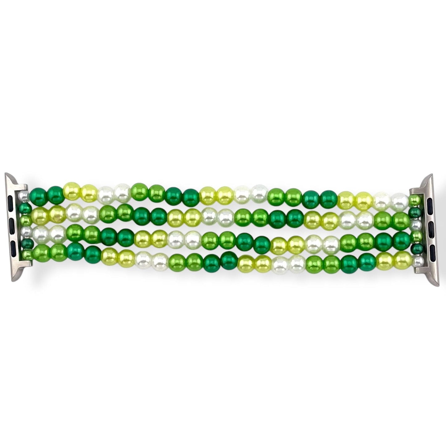 Green Watch Band Compatible with Apple Watch Made with Crackle Acrylic, Imitation Pearl, and Rhinestone Beads
