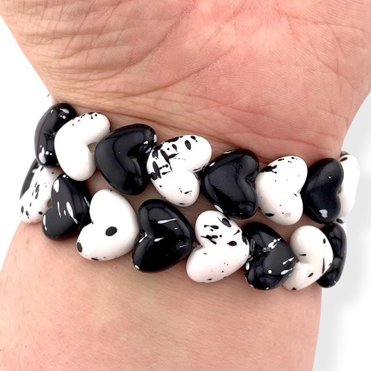 Black and White Heart Beaded Watch Band – Stretch Bracelet Strap for Apple Watch and Samsung Galaxy Watch