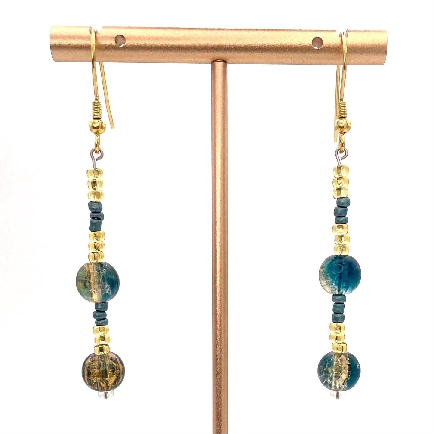 Gold and Teal Beaded Dangle Earrings | Handmade Jewelry for Everyday Elegance