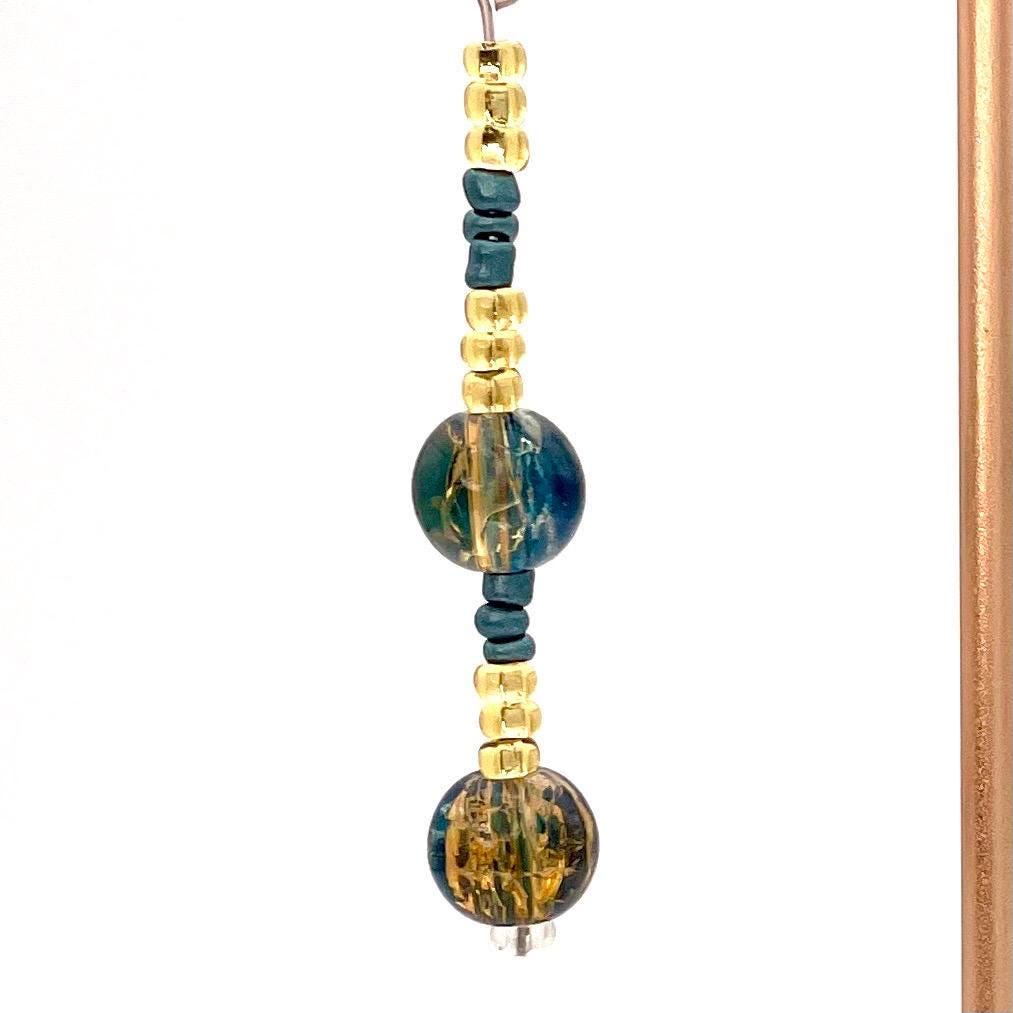 Gold and Teal Beaded Dangle Earrings | Handmade Jewelry for Everyday Elegance