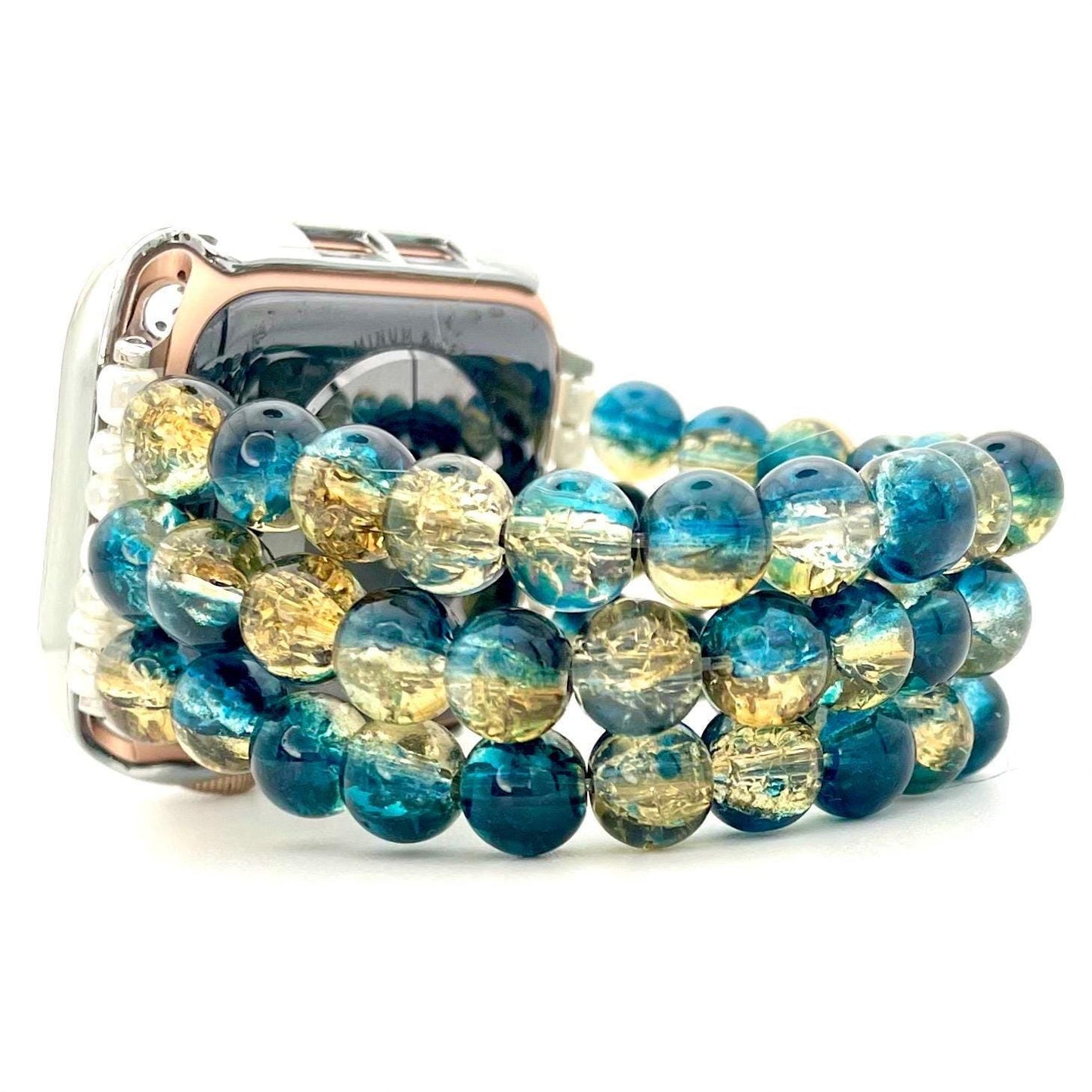 Handmade Teal Gold Glass Beaded Smartwatch Band | Compatible with Apple & Samsung Watches | Stylish Triple-Strand Beaded Bracelet Band