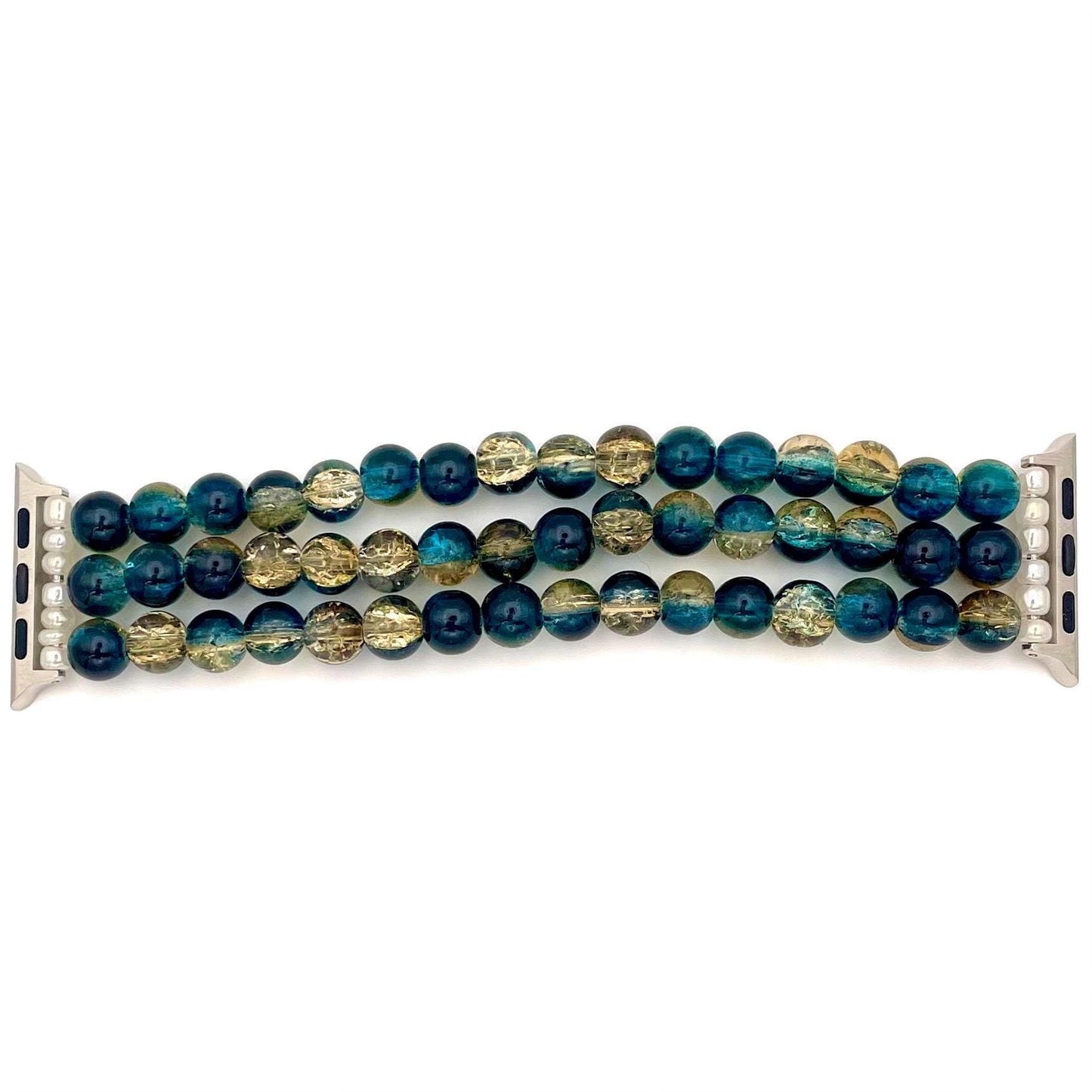 Handmade Teal Gold Glass Beaded Smartwatch Band | Compatible with Apple & Samsung Watches | Stylish Triple-Strand Beaded Bracelet Band