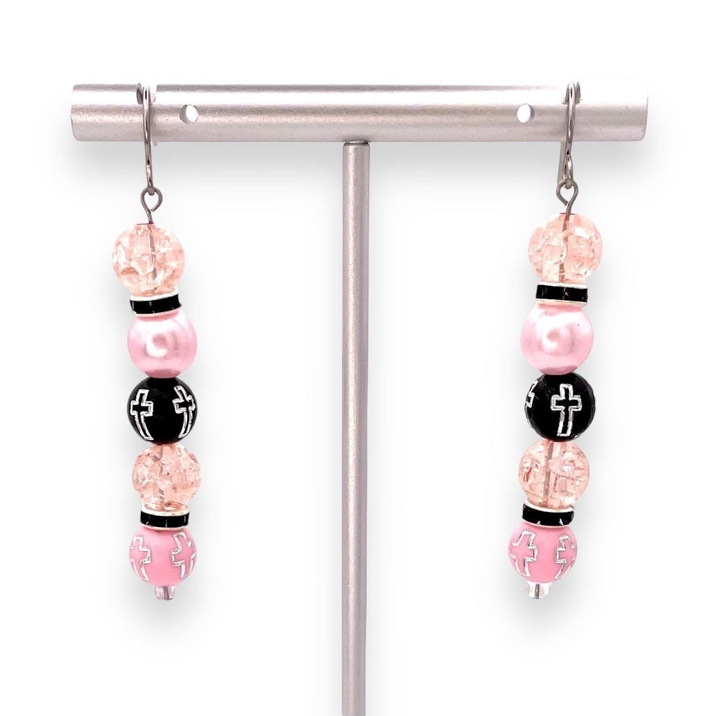 Pink and Black Cross Beaded Earrings, Handmade Religious Jewelry, Faith-Inspired Dangle Earrings