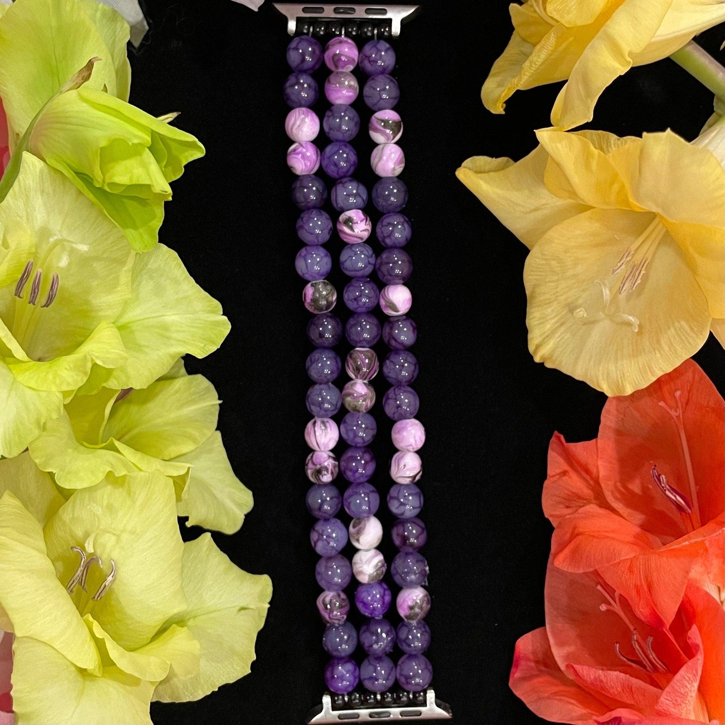 Purple Watch Band Compatible with Apple Watch with Glass Dragon Vein and Acrylic Beads