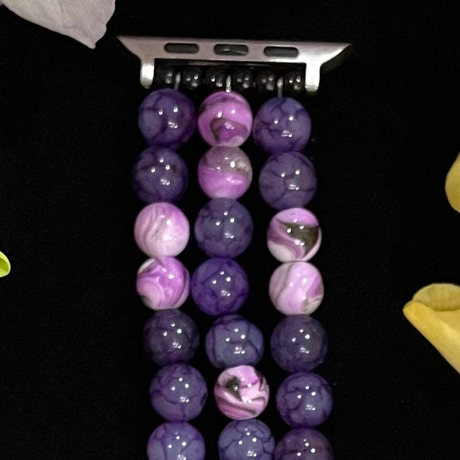 Purple Watch Band Compatible with Apple Watch with Glass Dragon Vein and Acrylic Beads