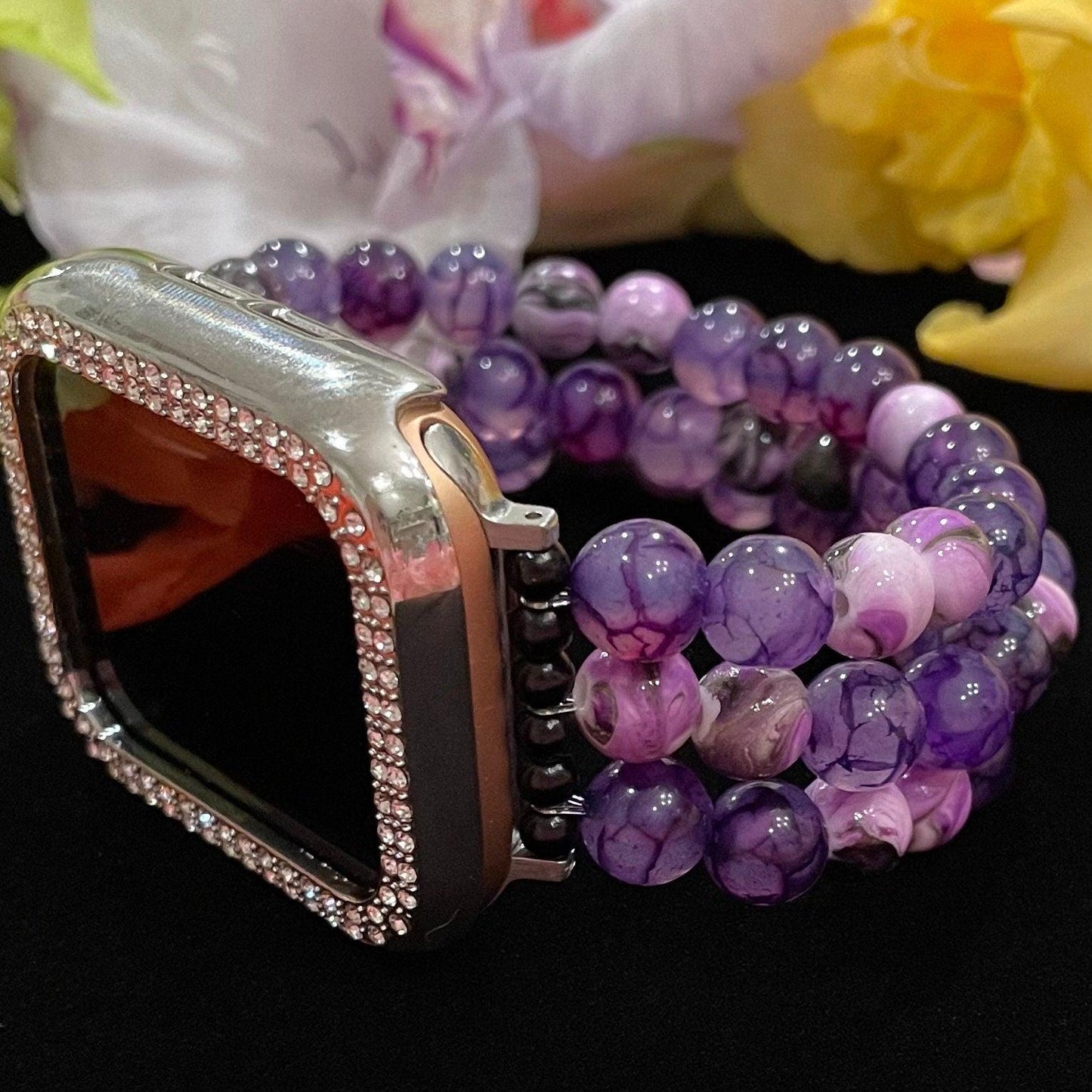 Purple Watch Band Compatible with Apple Watch with Glass Dragon Vein and Acrylic Beads