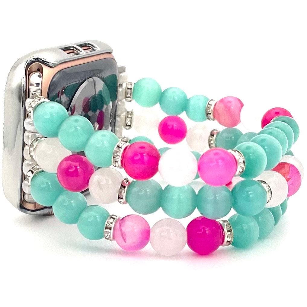 Rose Agate, White Jade and Glass Beaded Watch Band Compatible with Apple Watch
