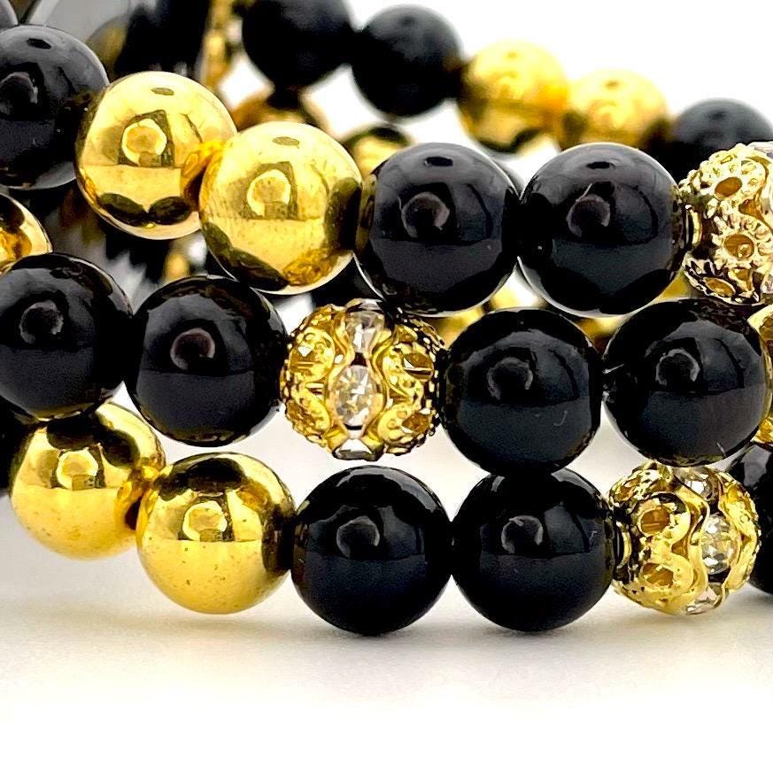 Black and Gold Watch Band Compatible with Apple Watch Made with Imitation Pearl and Rhinestone Beads