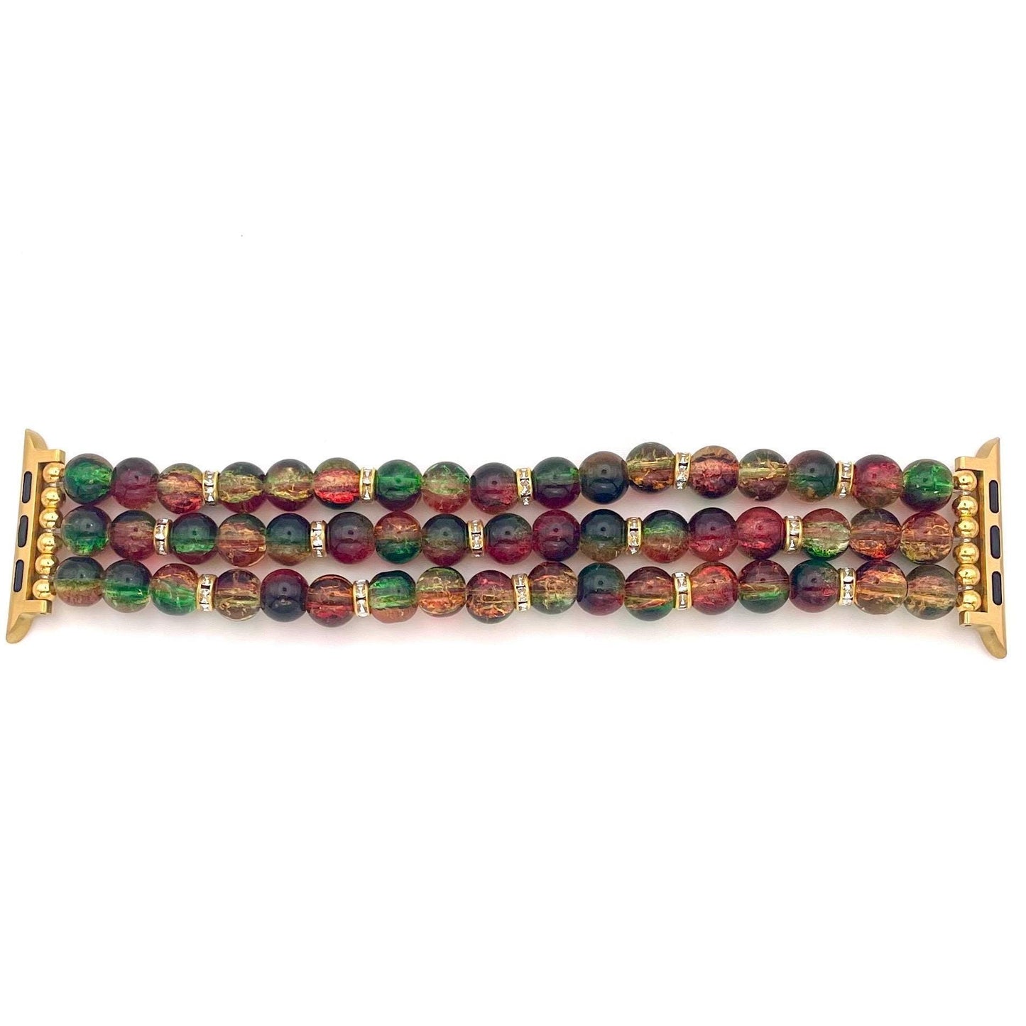 Christmas Multicolor Green Red and Gold Crackle Glass Beaded Apple Watch Band with Gold Accents