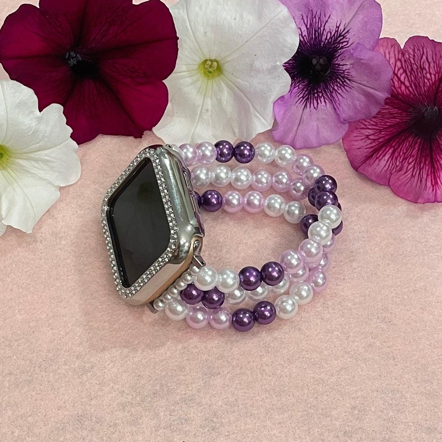 Purple Watch Band Compatible with Apple Watch with Imitation Pearls, Custom Sizing!