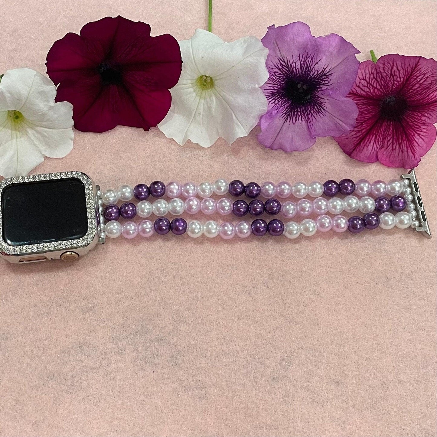 Purple Watch Band Compatible with Apple Watch with Imitation Pearls, Custom Sizing!