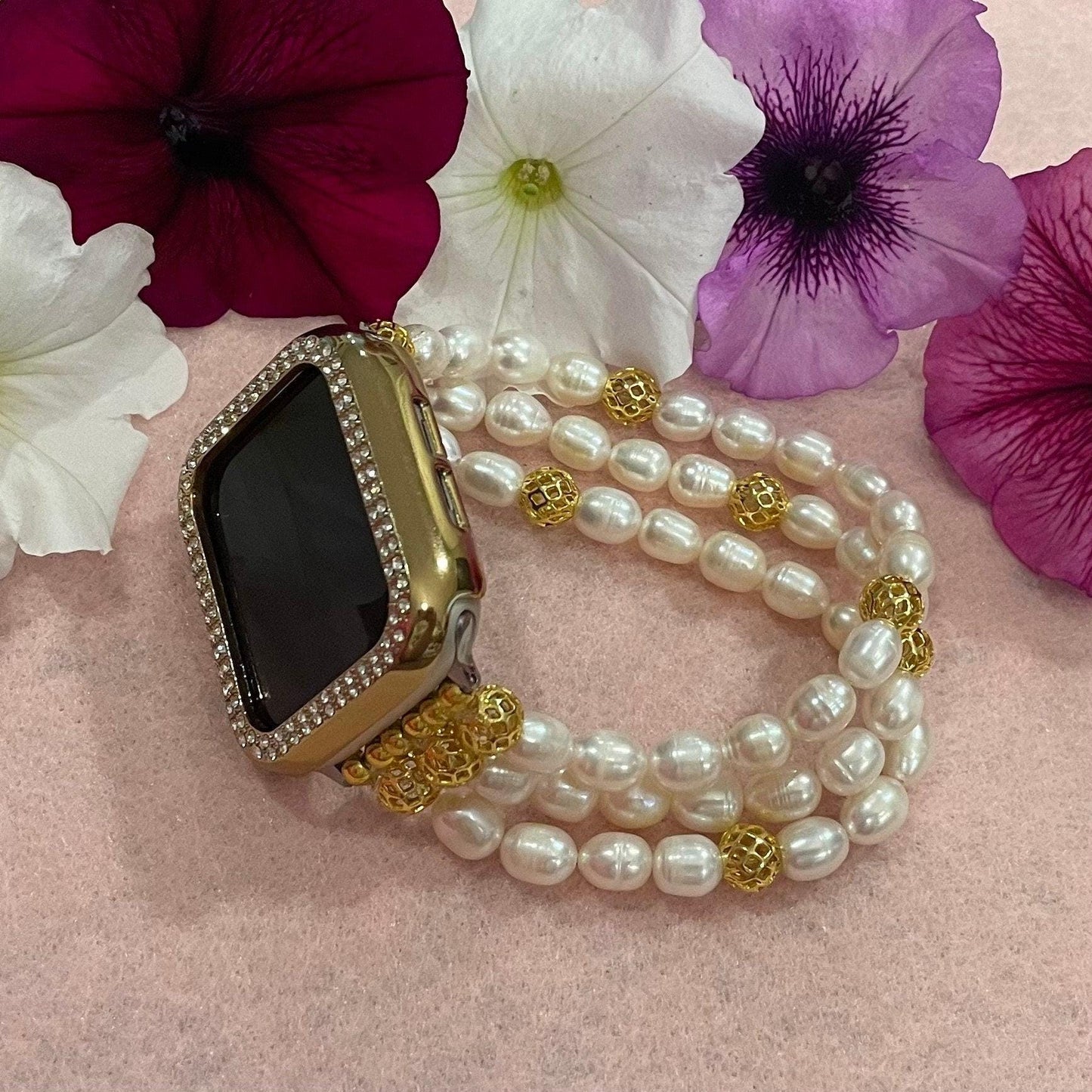 Cultured Freshwater Pearl Watch Band Compatible with Apple Watch with 18 Karat Gold Plated Beads, Custom Sizing!