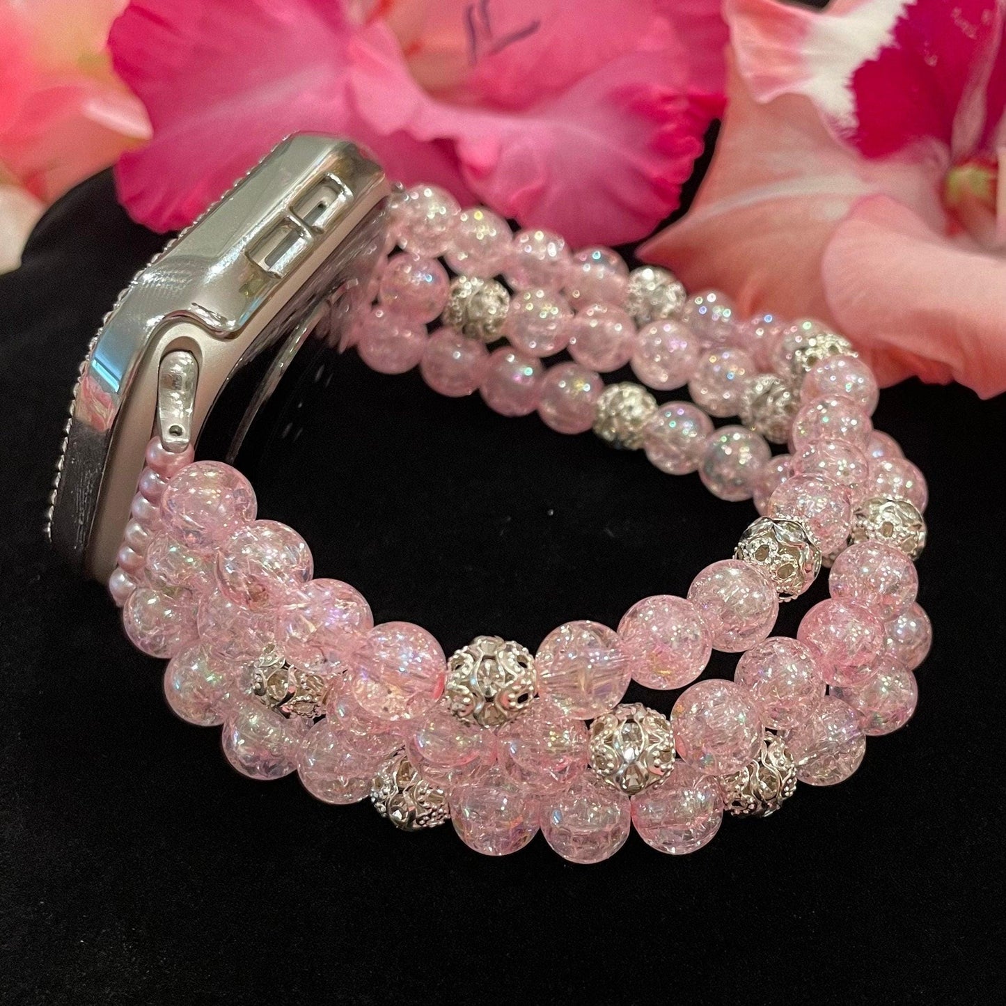 Pink Watch Band Compatible with Apple Watch with Acrylic Crackle and Rhinestone Beads