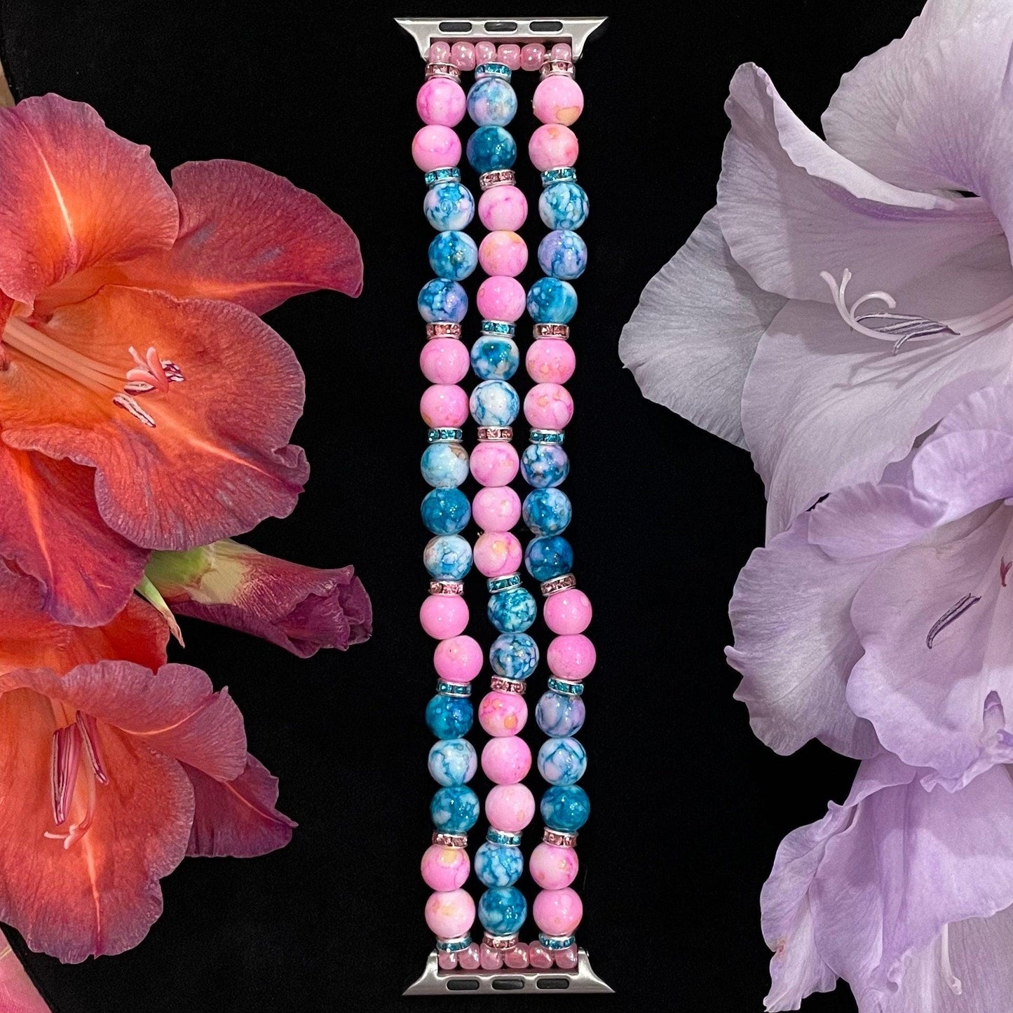 Pink and Teal Watch Band Compatible with Apple Watch Made With Acrylic and Rhinestone Beads