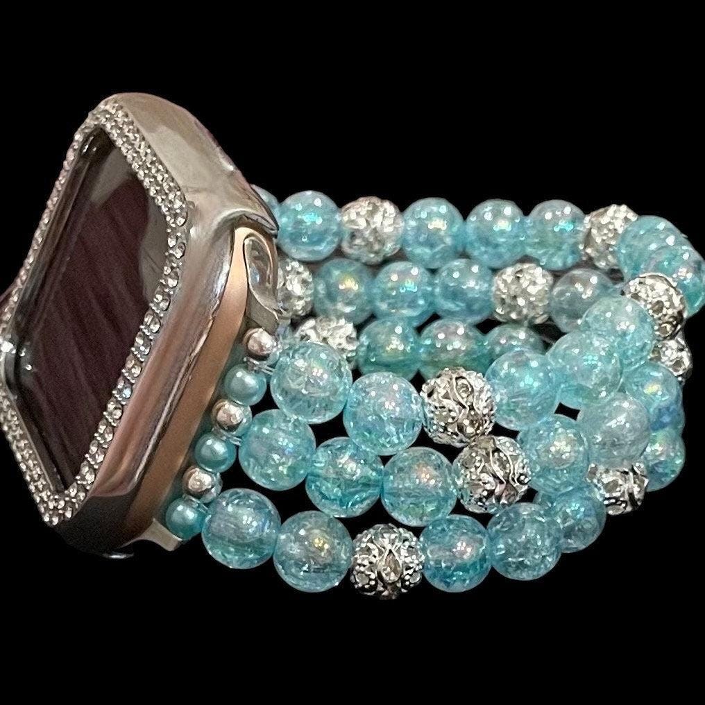 Blue Watch Band Compatible with Apple Watch with Acrylic Crackle and Rhinestone Beads
